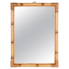 Midcentury Rectangular Italian Mirror with Double Bamboo Cane Frame, 1970s