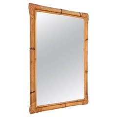 Midcentury Rectangular Italian Mirror with Double Bamboo Cane Frame, 1970s