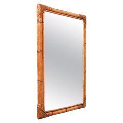 Midcentury Rectangular Italian Mirror with Double Bamboo Cane Frame, 1970s