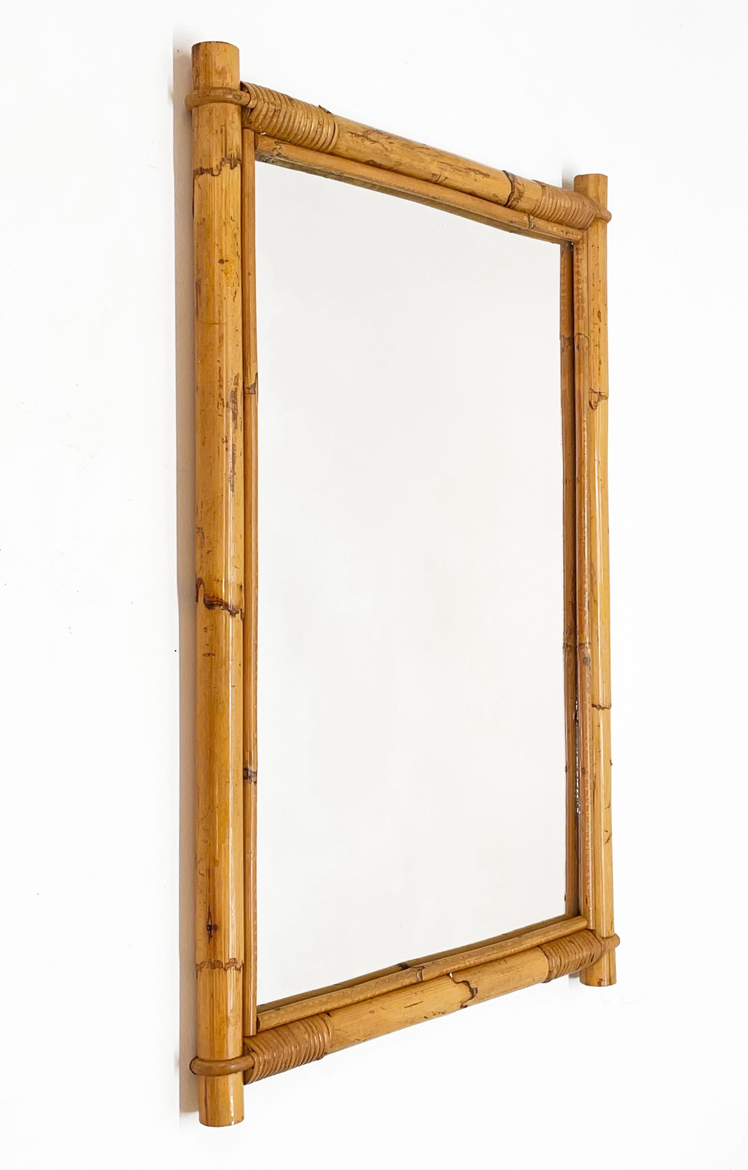 Midcentury Rectangular Italian Mirror with Double Bamboo Wicker Frame, 1960s In Good Condition In Roma, IT