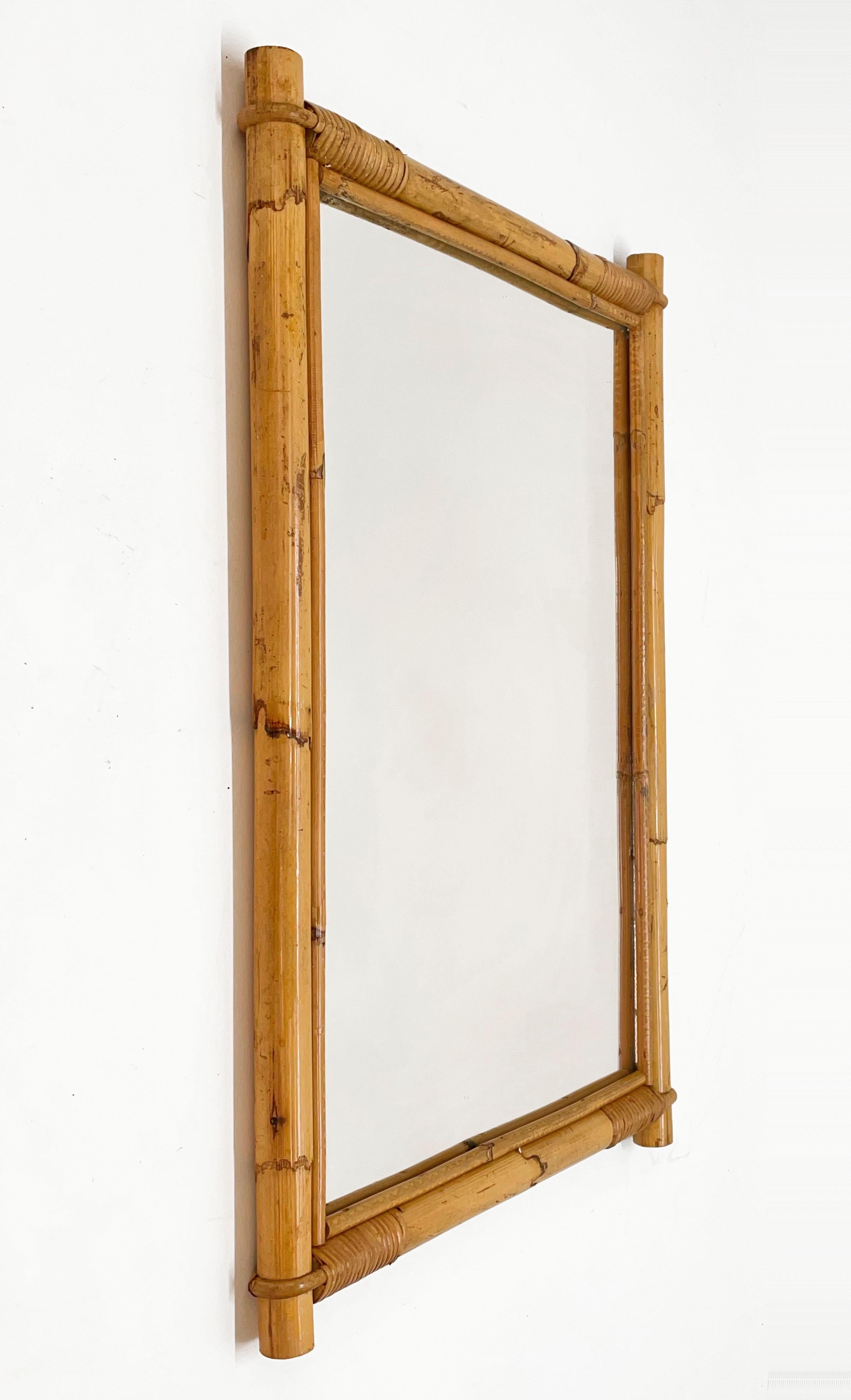 Midcentury Rectangular Italian Mirror with Double Bamboo Wicker Frame, 1960s 1