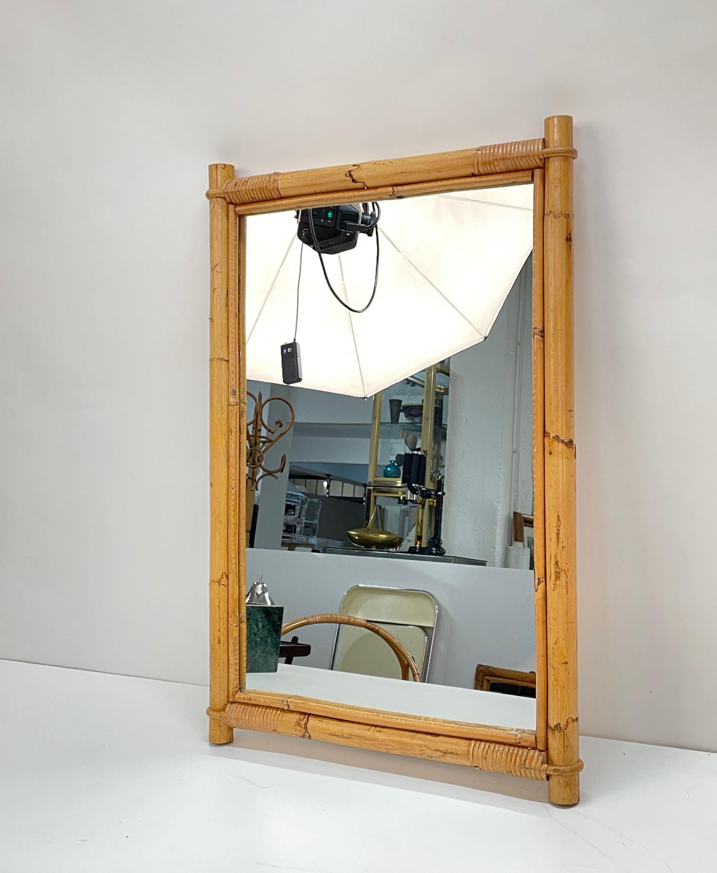 Midcentury Rectangular Italian Mirror with Double Bamboo Wicker Frame, 1960s 2