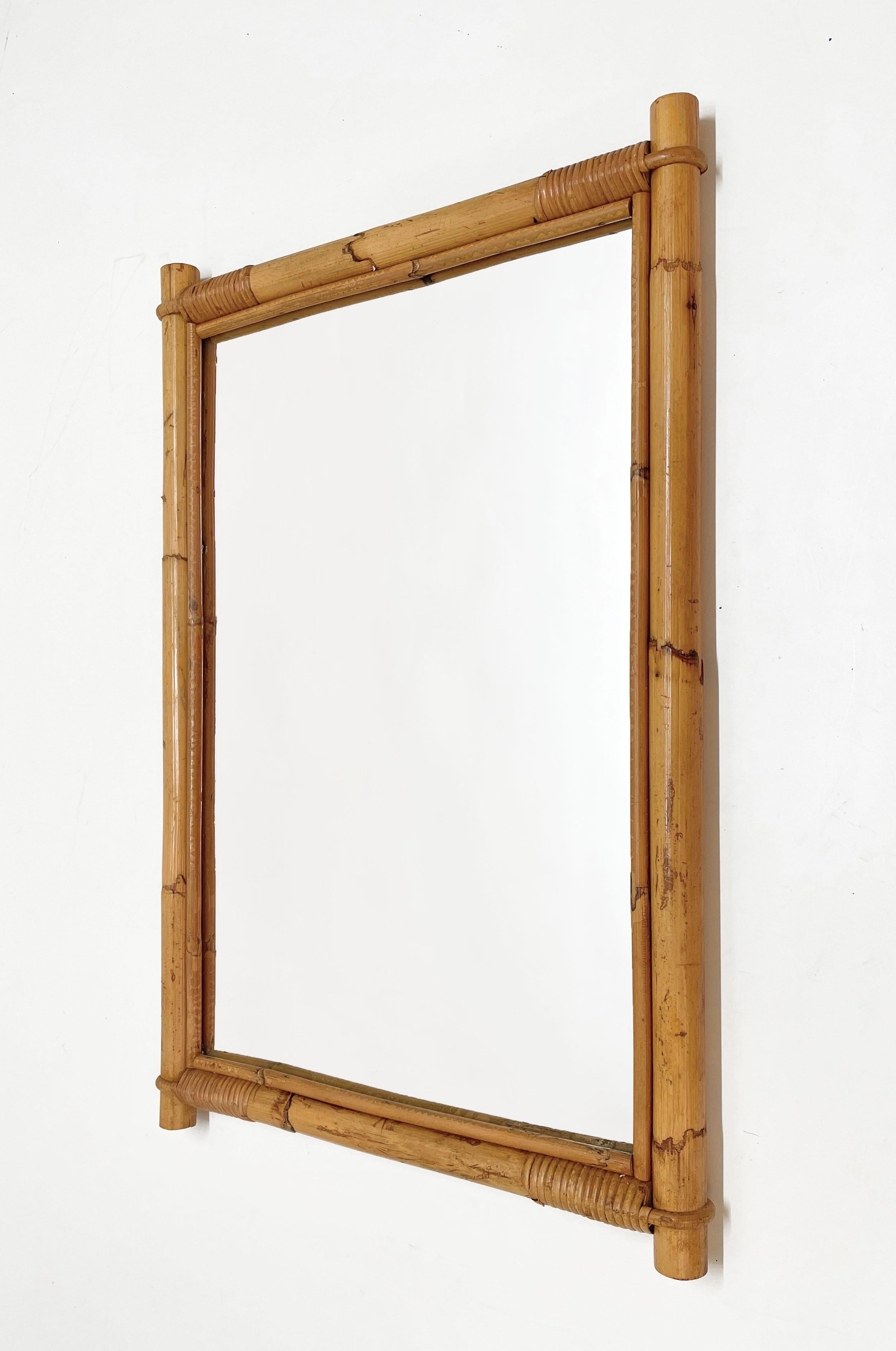 Midcentury Rectangular Italian Mirror with Double Bamboo Wicker Frame, 1960s 3
