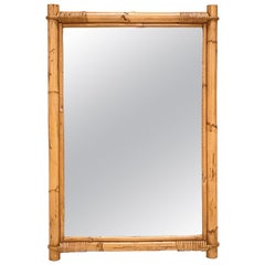 Midcentury Rectangular Italian Mirror with Double Bamboo Wicker Frame, 1960s