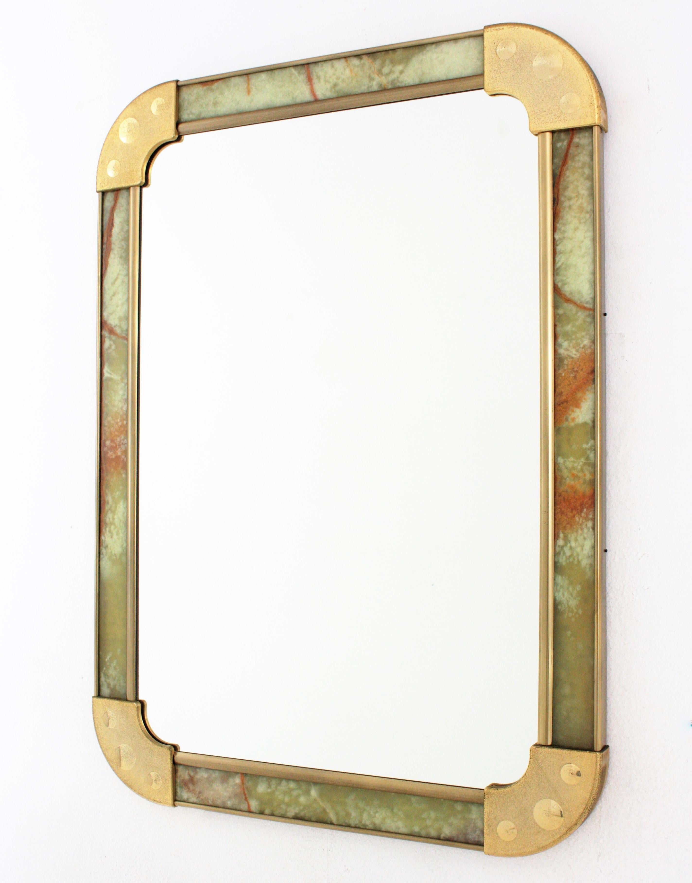 Spanish Midcentury Rectangular Mirror in Onyx and Brass For Sale 5