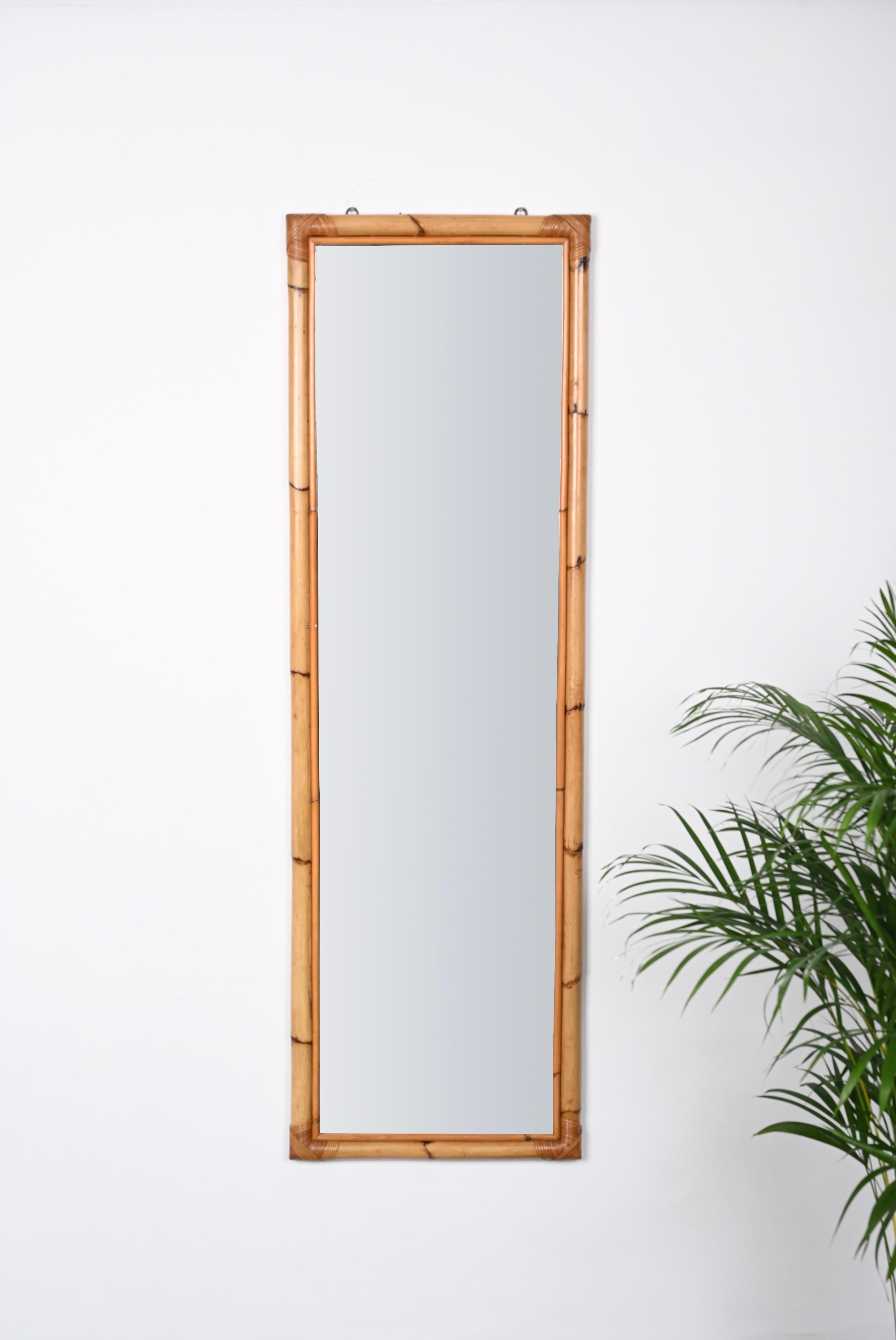 Midcentury Rectangular Mirror with Bamboo and Rattan Frame, Italy, 1970s For Sale 1