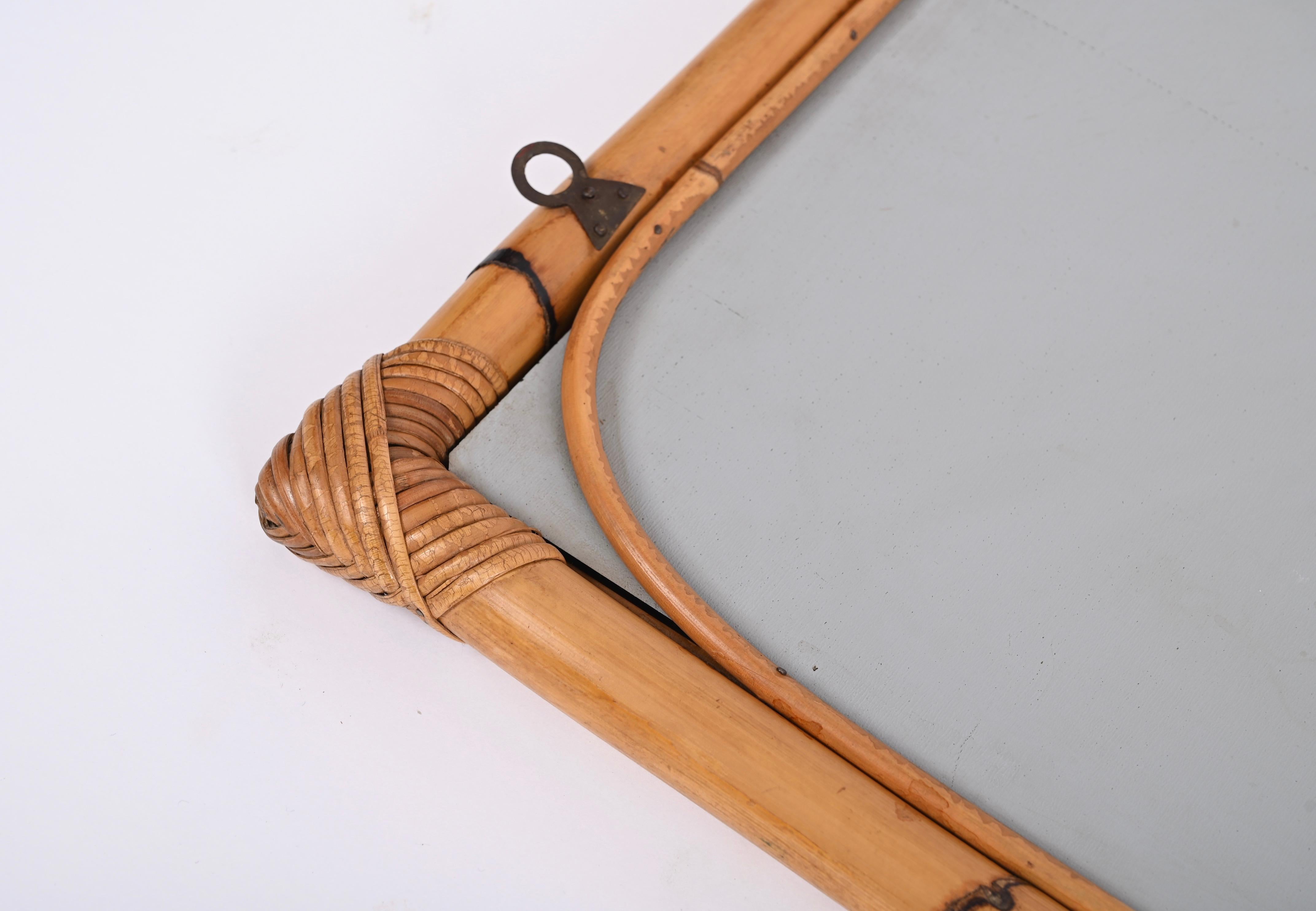 Midcentury Rectangular Mirror with Bamboo and Rattan Frame, Italy 1970s 5