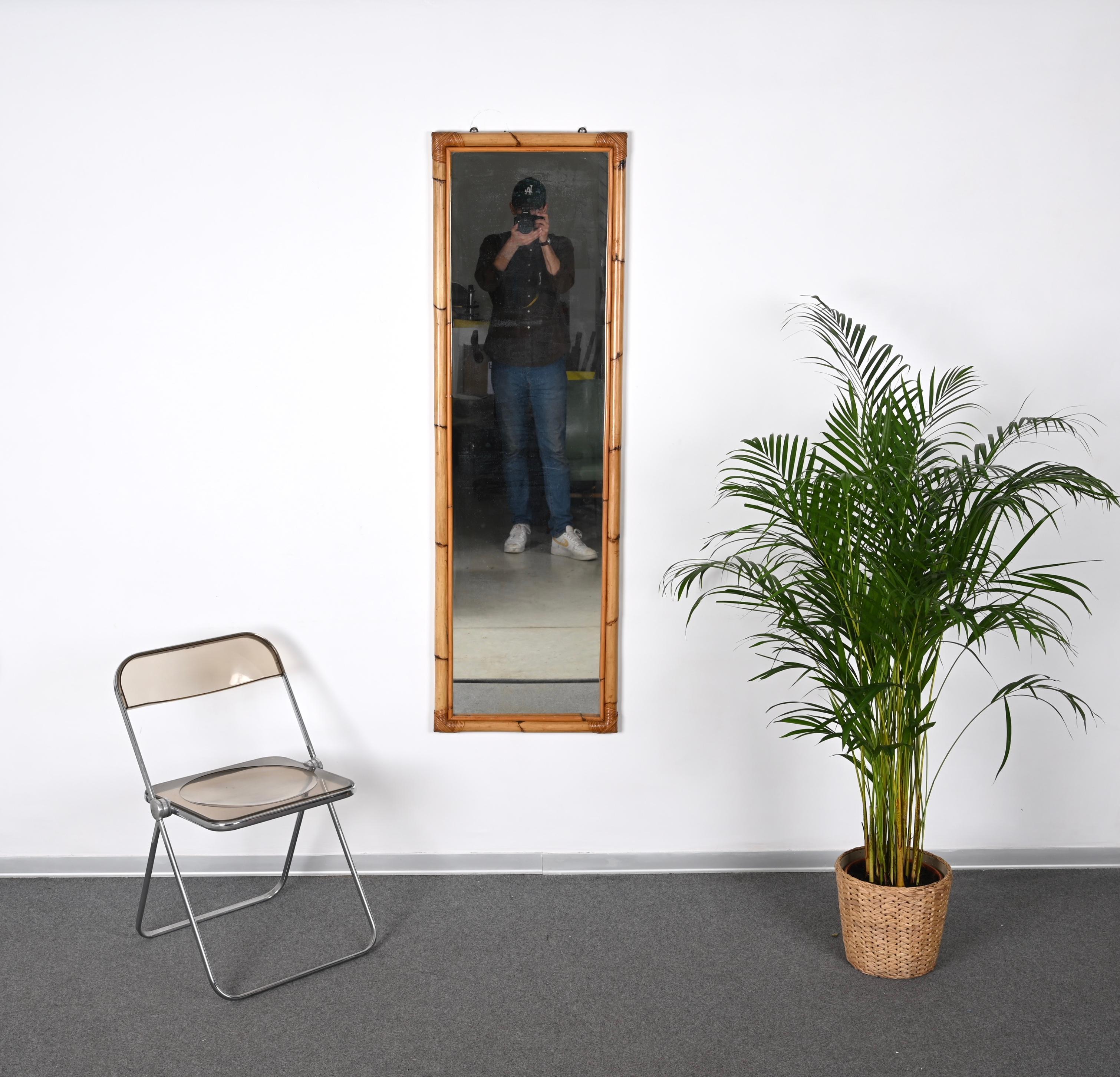 Midcentury Rectangular Mirror with Bamboo and Rattan Frame, Italy, 1970s For Sale 5