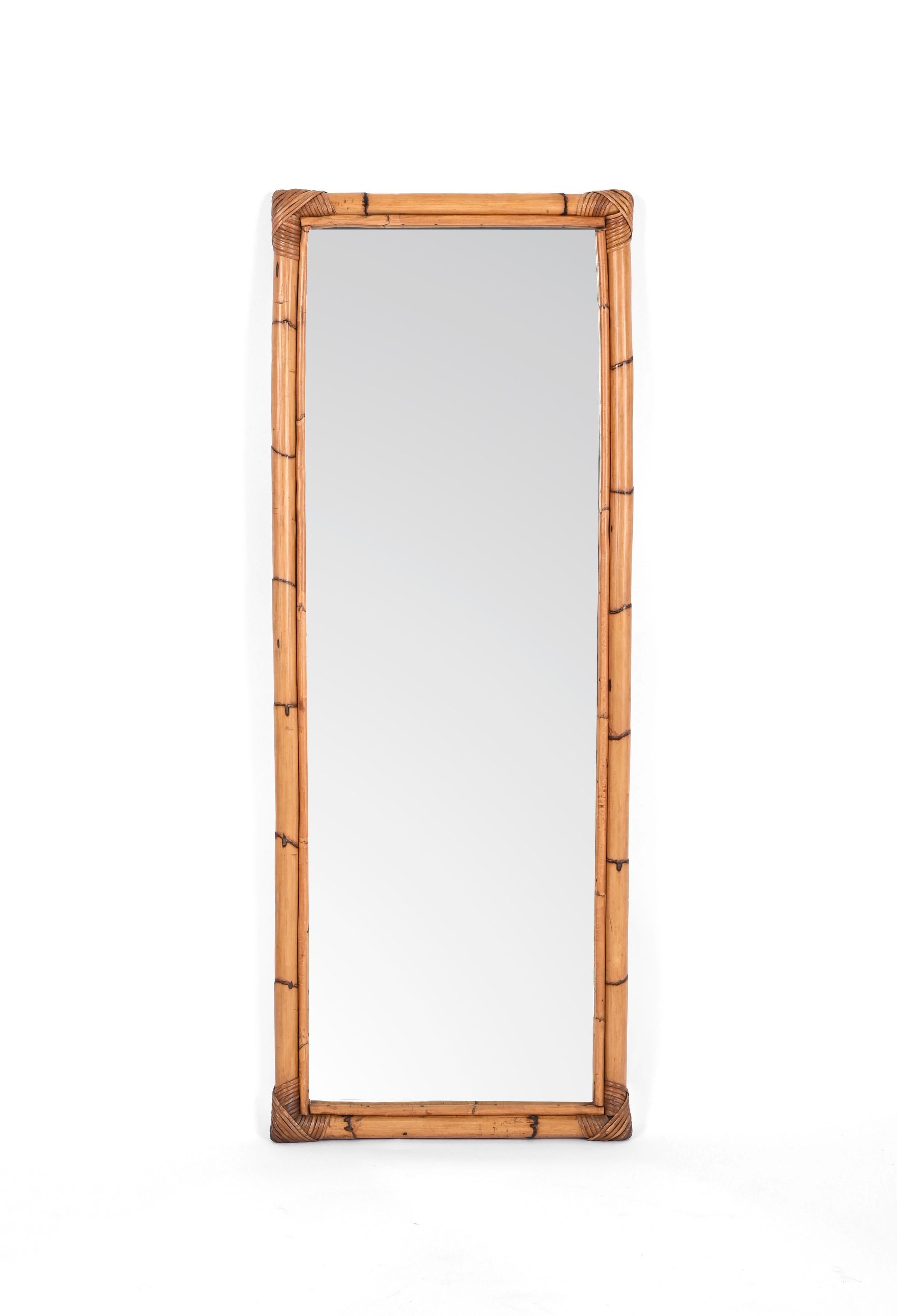 Midcentury Rectangular Mirror with Bamboo and Rattan Frame, Italy 1970s 6