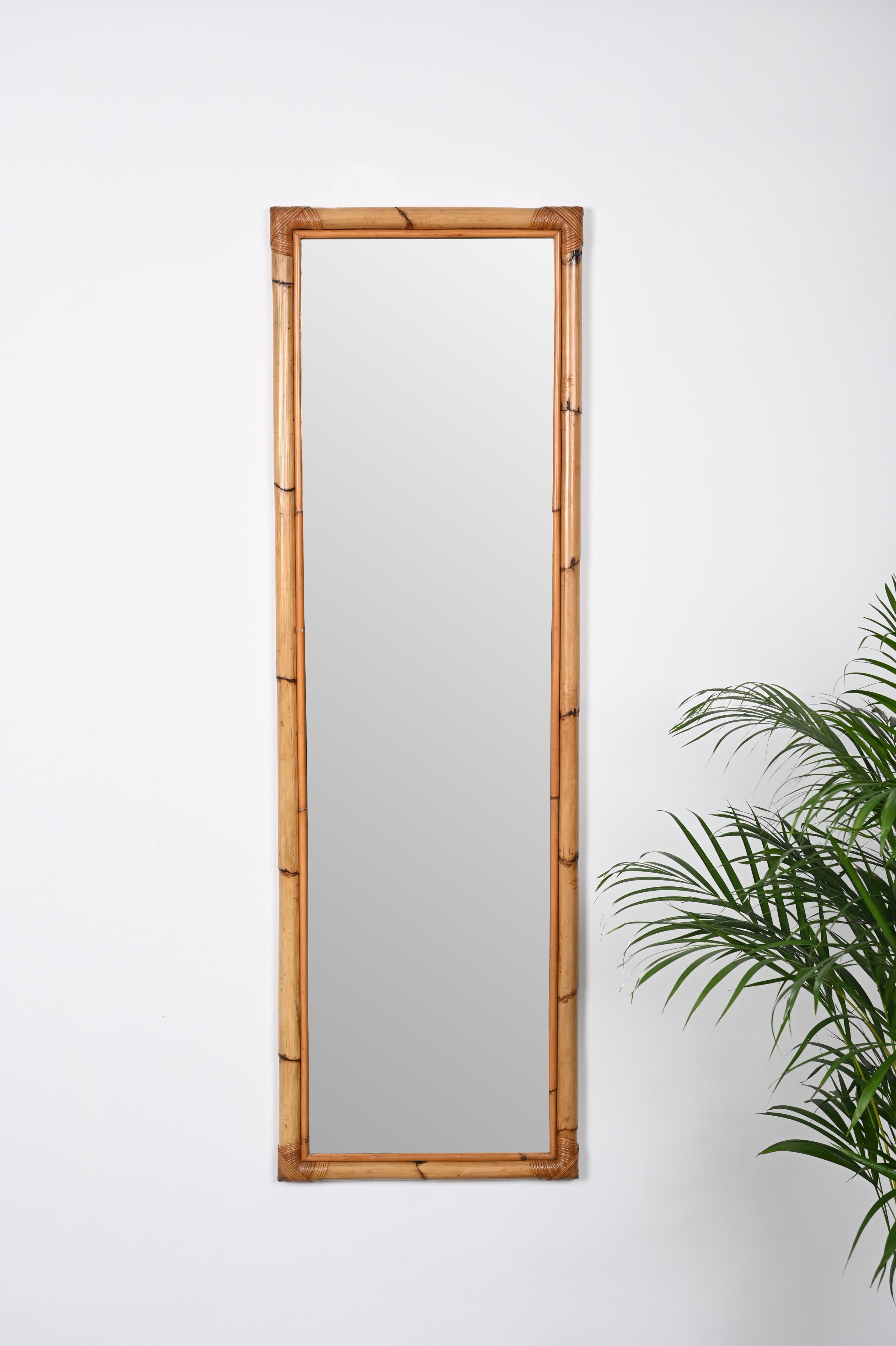 Midcentury Rectangular Mirror with Bamboo and Rattan Frame, Italy, 1970s For Sale 6