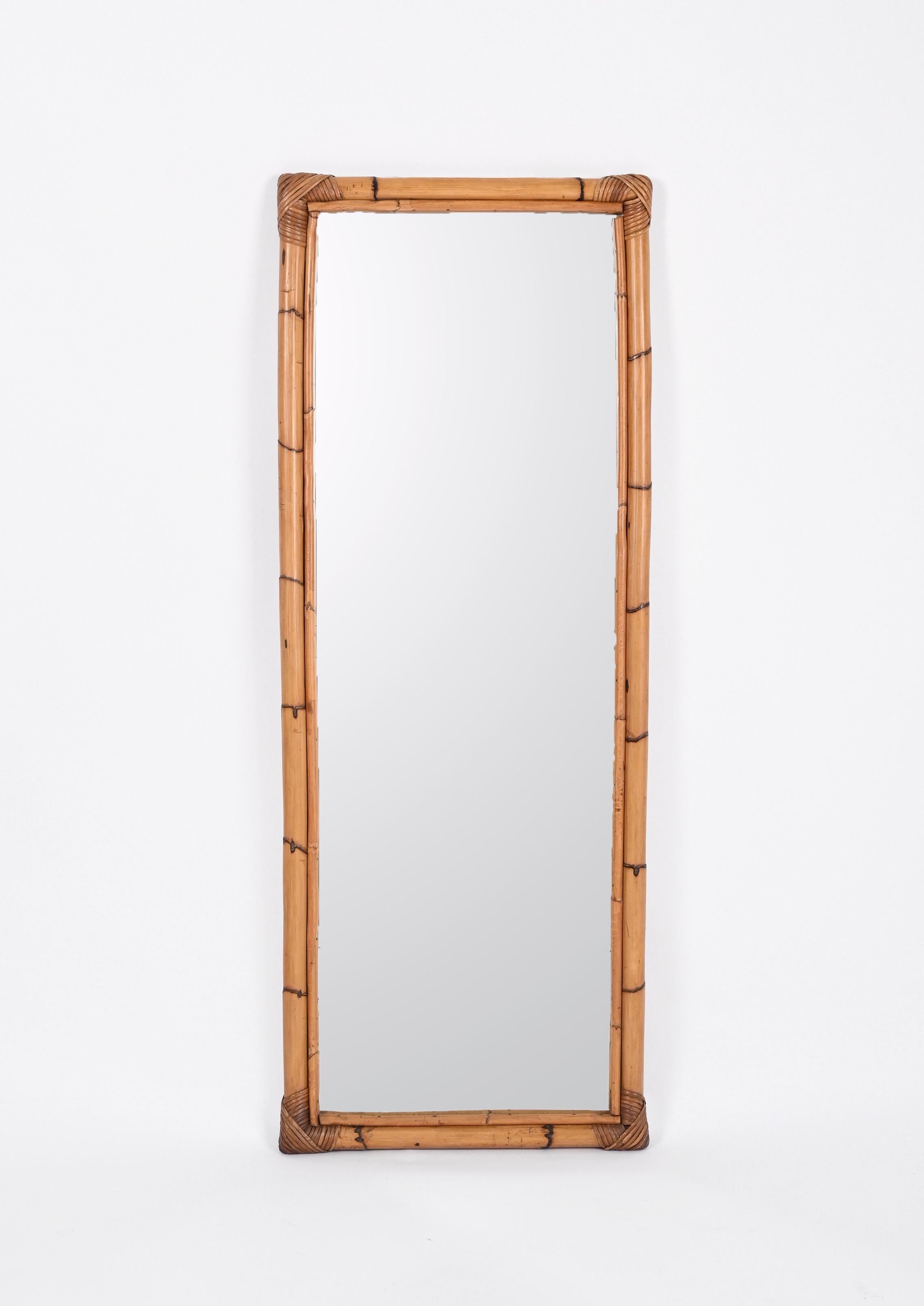Midcentury Rectangular Mirror with Bamboo and Rattan Frame, Italy 1970s 7