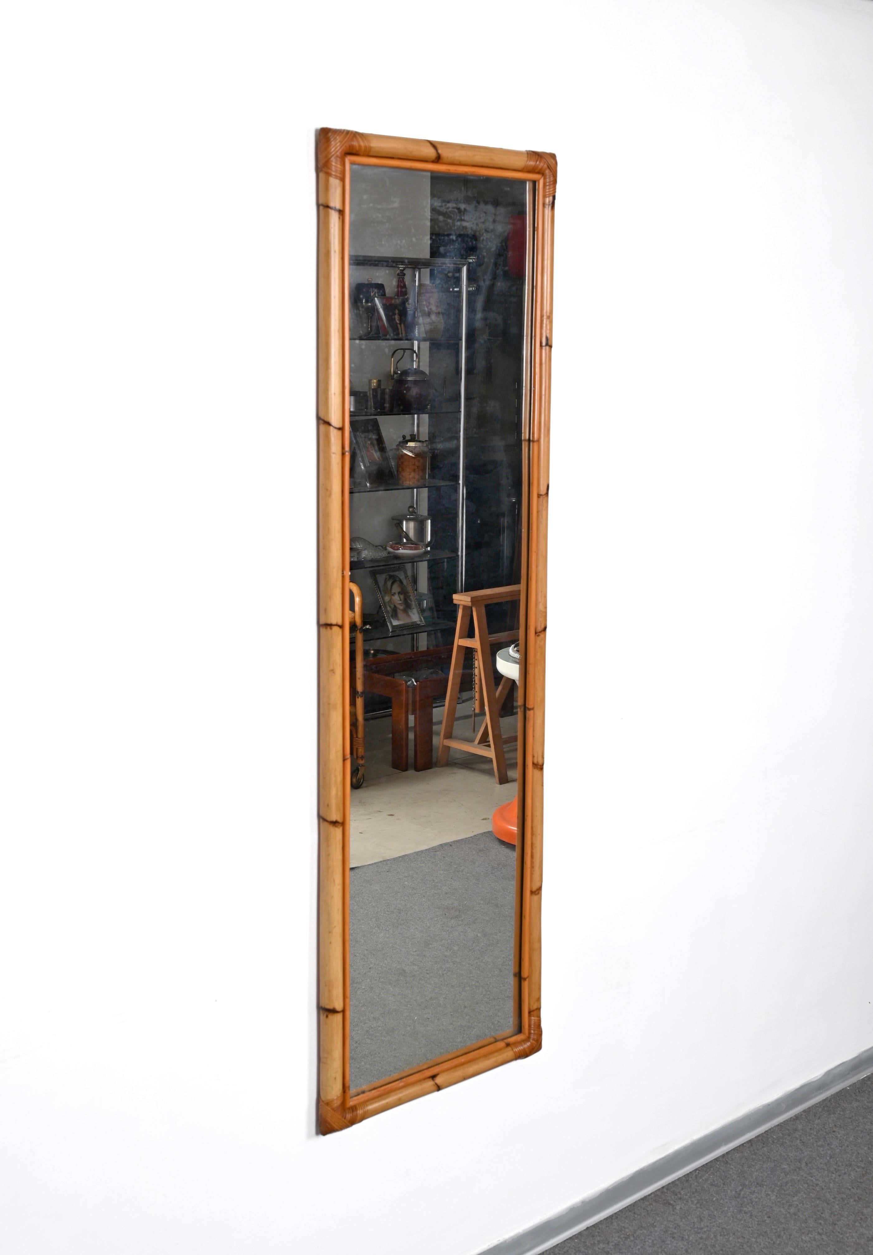 Midcentury Rectangular Mirror with Bamboo and Rattan Frame, Italy, 1970s For Sale 8