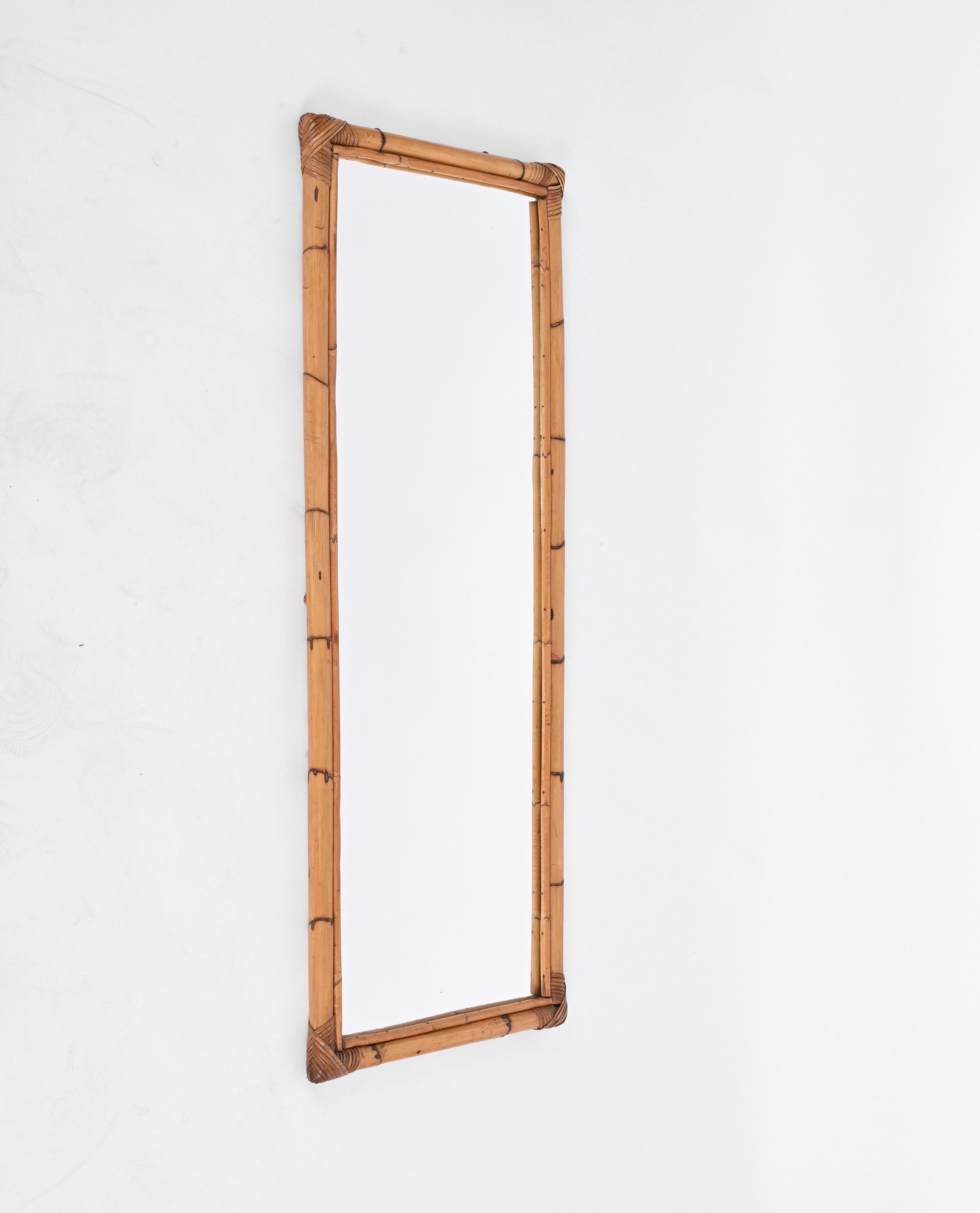 Italian Midcentury Rectangular Mirror with Bamboo and Rattan Frame, Italy 1970s
