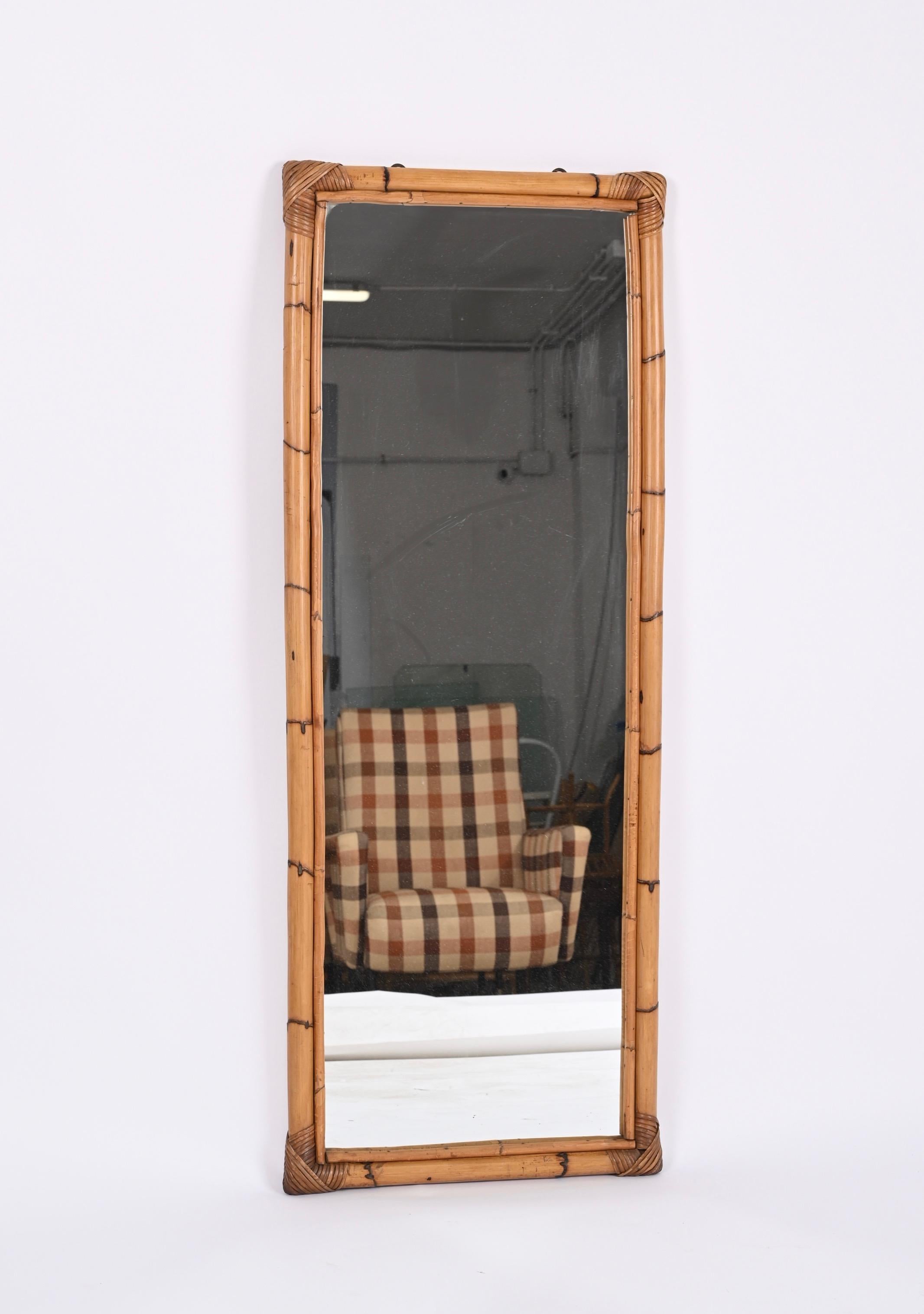 Midcentury Rectangular Mirror with Bamboo and Rattan Frame, Italy 1970s 1