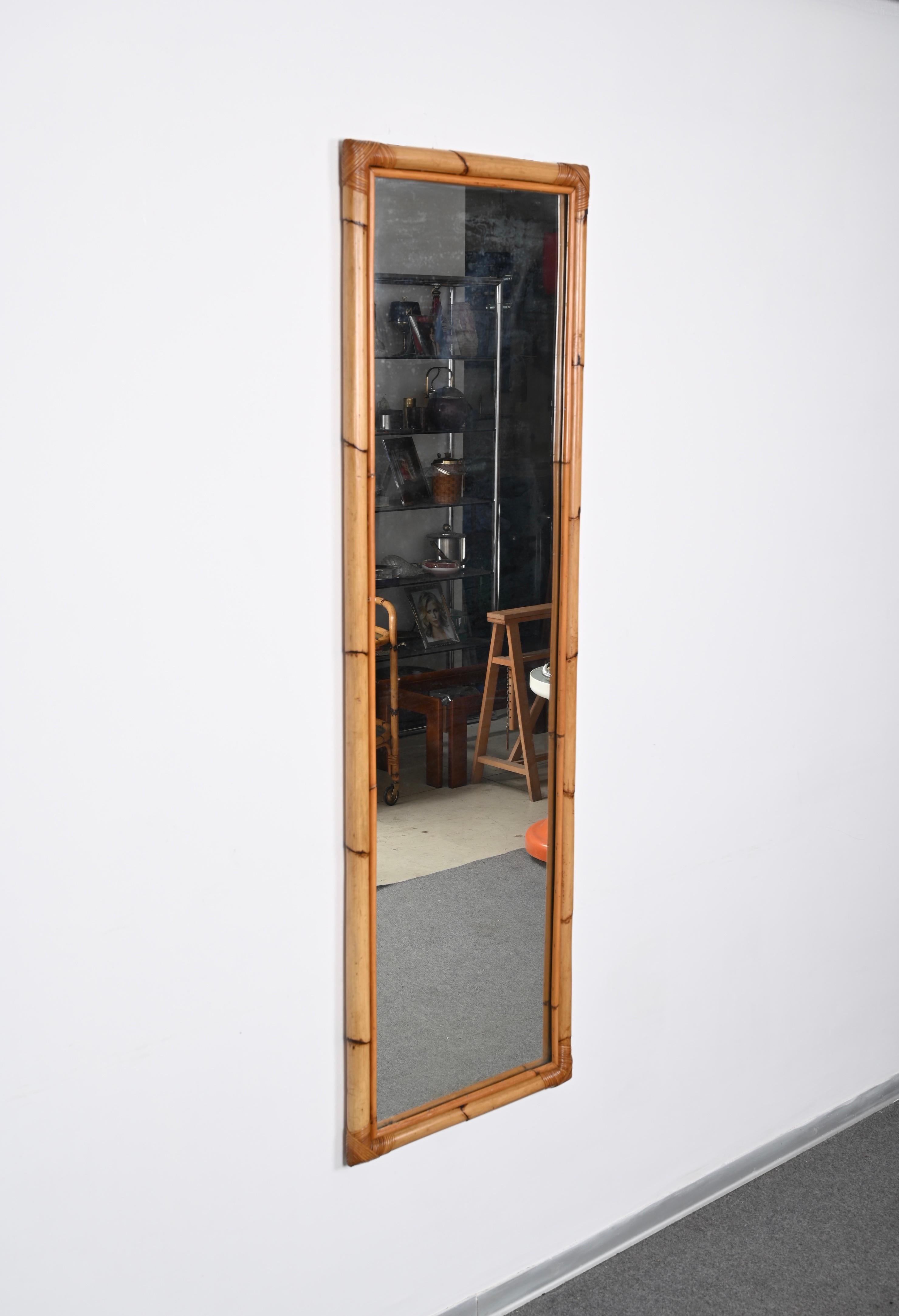 Midcentury Rectangular Mirror with Bamboo and Rattan Frame, Italy, 1970s For Sale 1