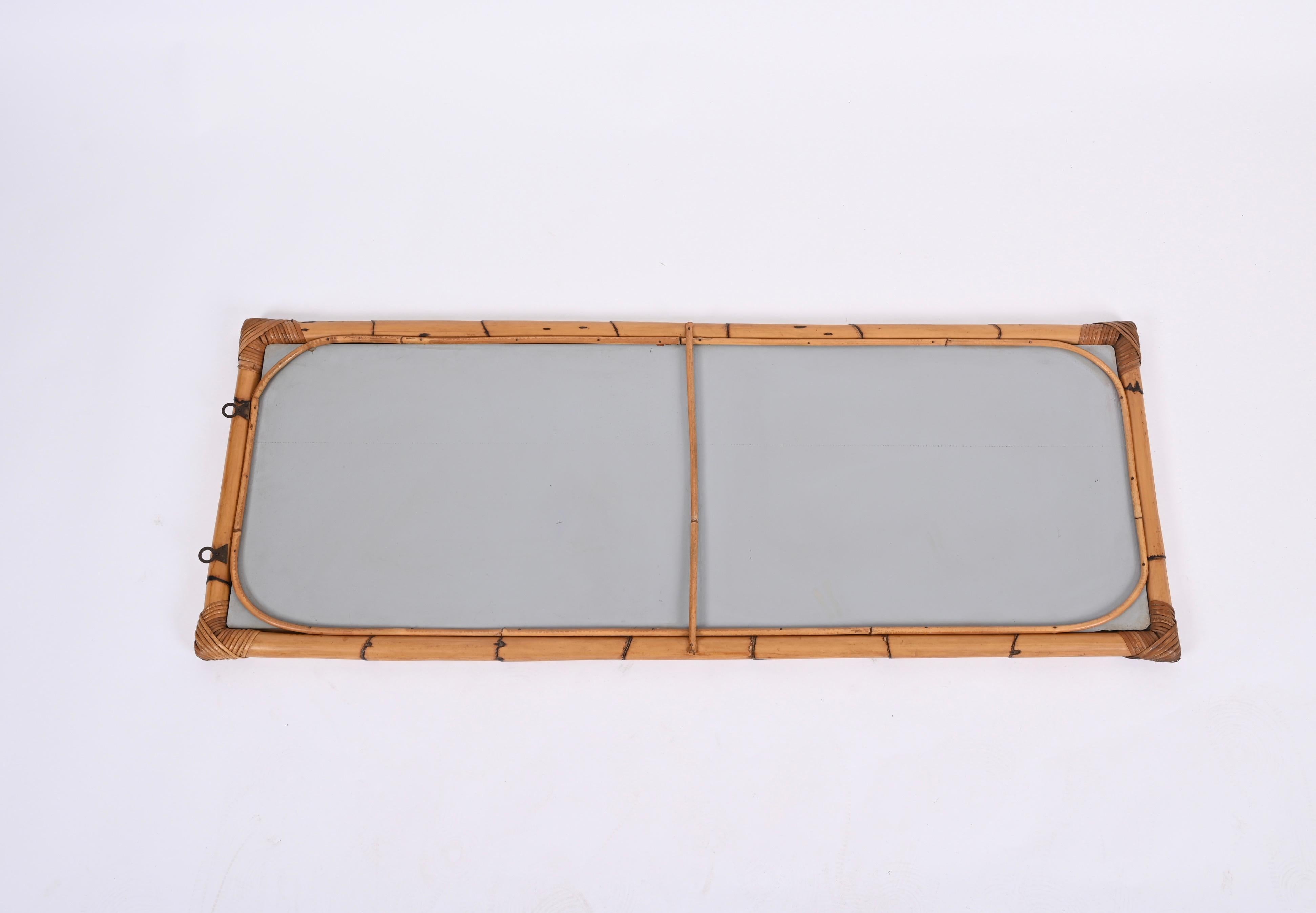 Midcentury Rectangular Mirror with Bamboo and Rattan Frame, Italy 1970s 2