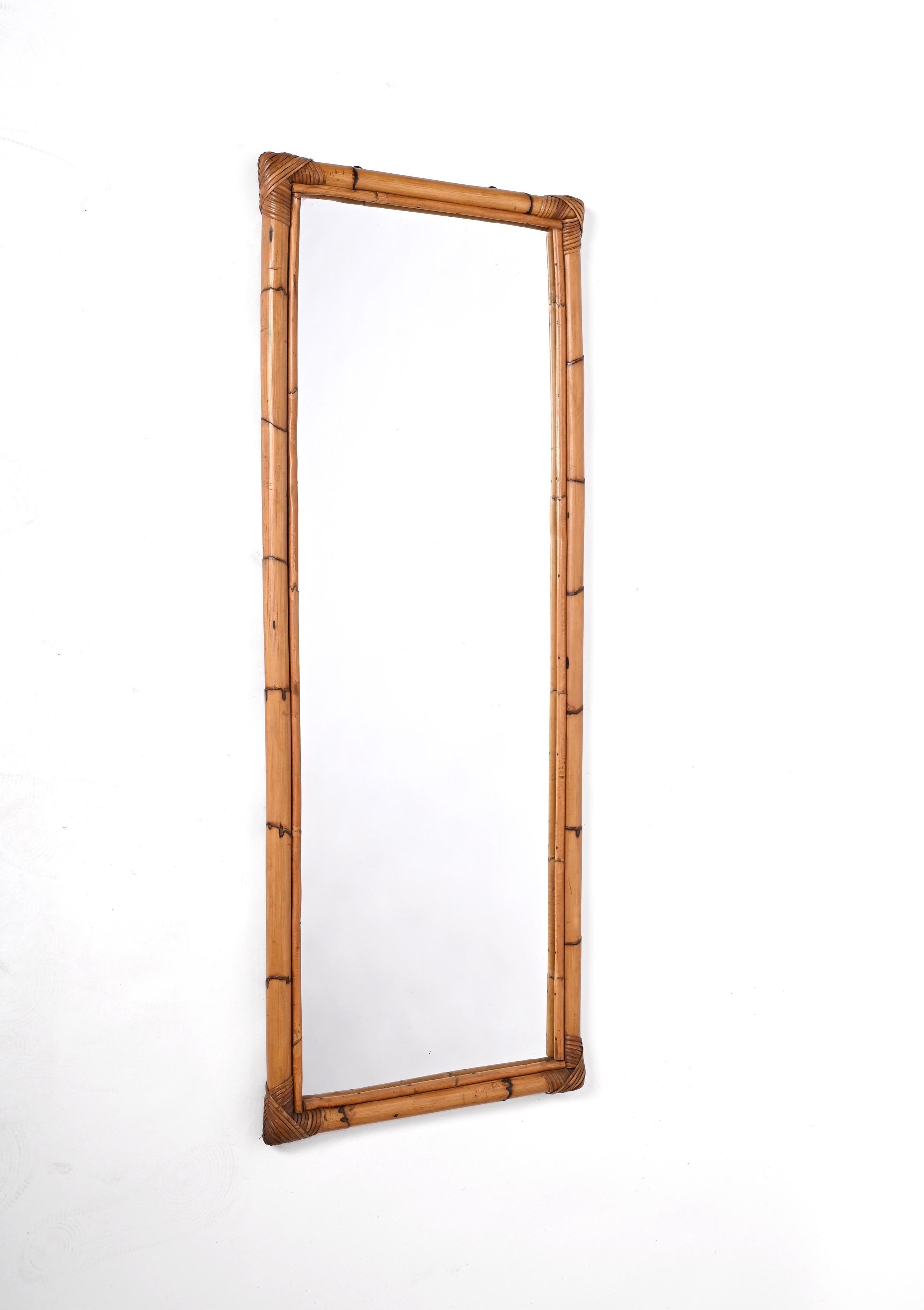 Midcentury Rectangular Mirror with Bamboo and Rattan Frame, Italy 1970s 3