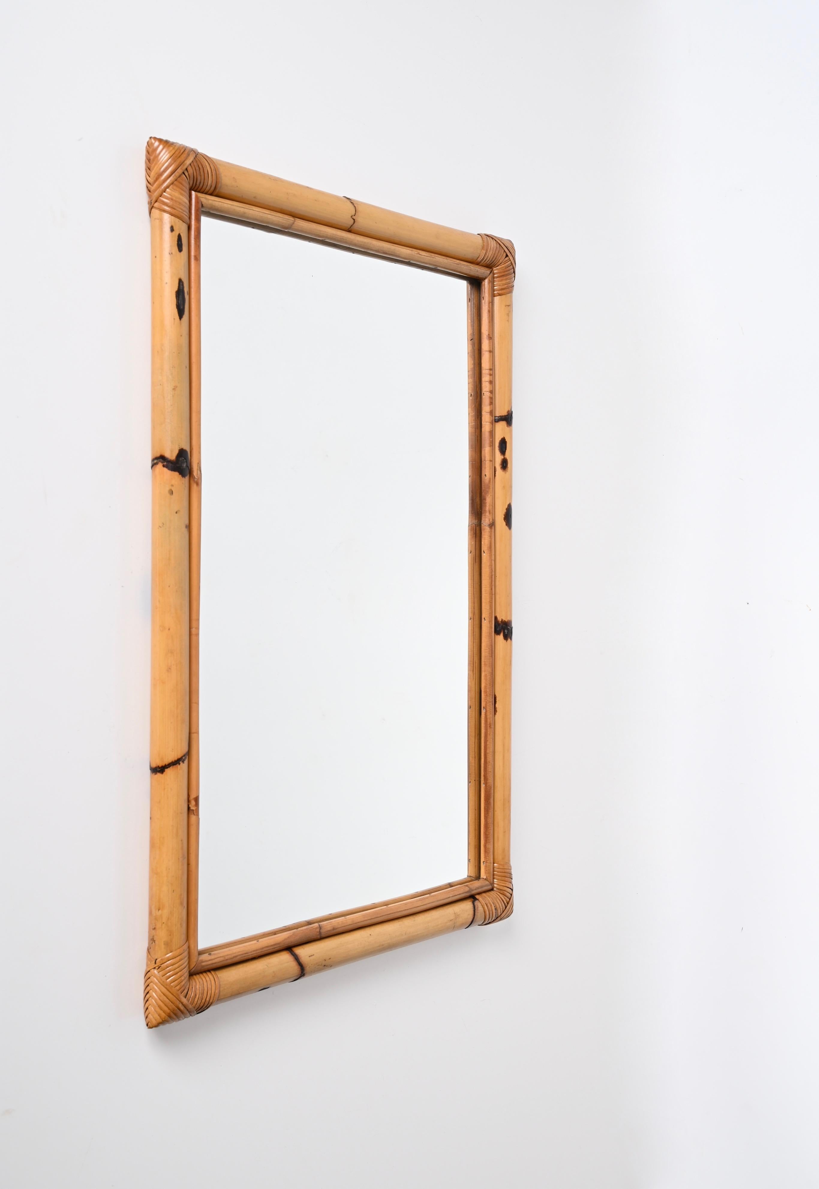 Midcentury Rectangular Mirror with Double Bamboo and Rattan Frame, Italy 1970s For Sale 3