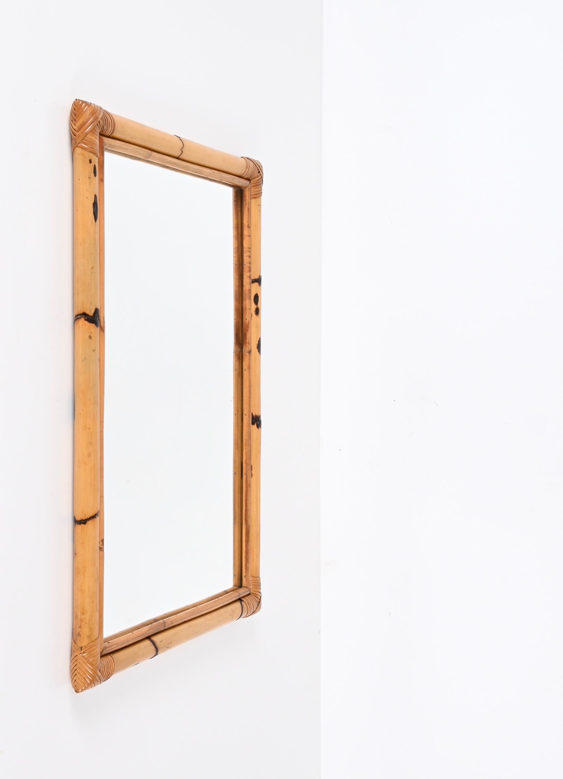 Midcentury Rectangular Mirror with Double Bamboo and Rattan Frame, Italy 1970s For Sale 6