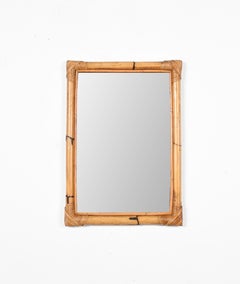 Midcentury Rectangular Mirror with Double Bamboo and Rattan Frame, Italy 1970s