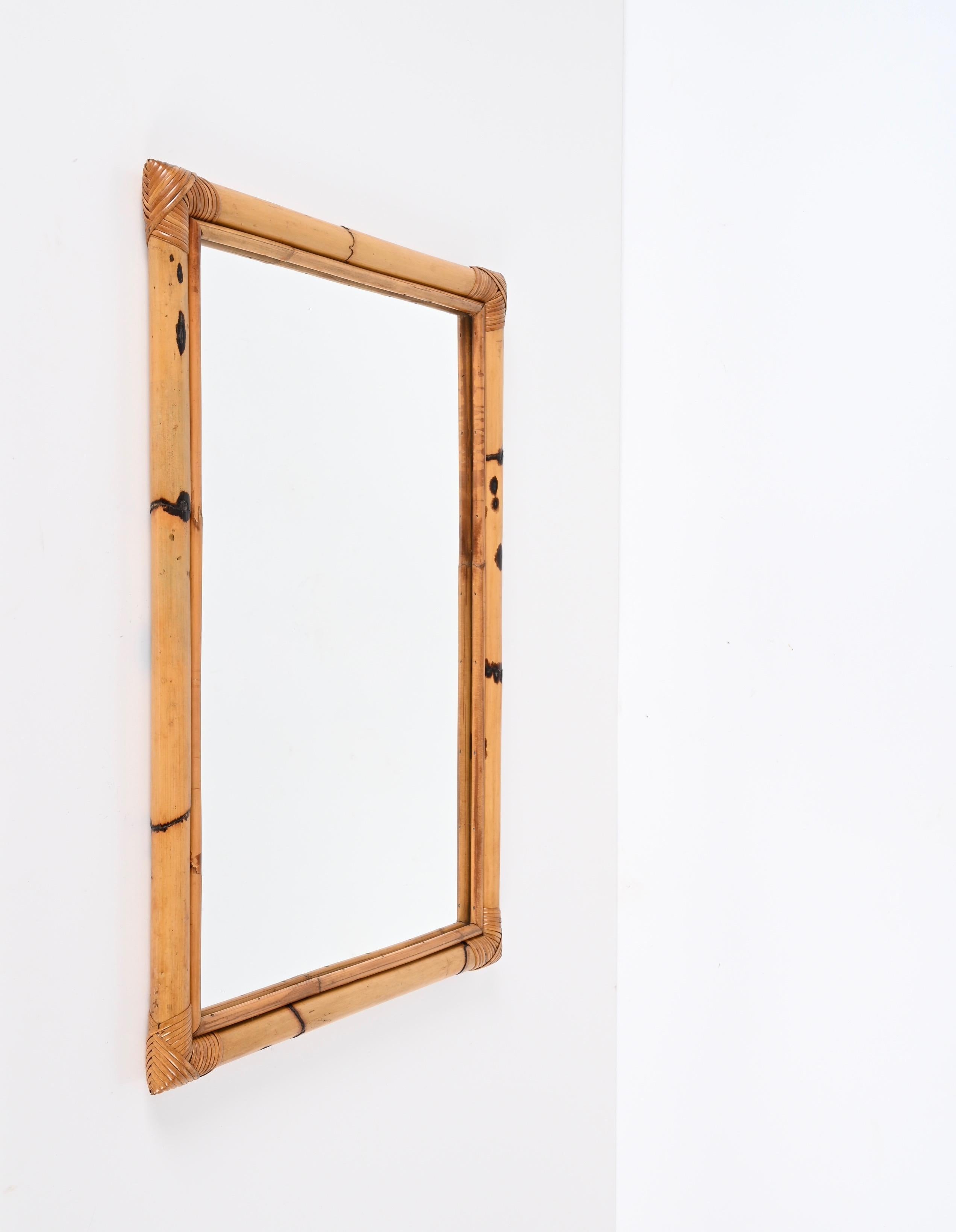 Mid-Century Modern Midcentury Rectangular Mirror with Double Bamboo and Rattan Frame, Italy 1970s For Sale