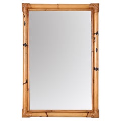 Vintage Midcentury Rectangular Mirror with Double Bamboo and Rattan Frame, Italy 1970s