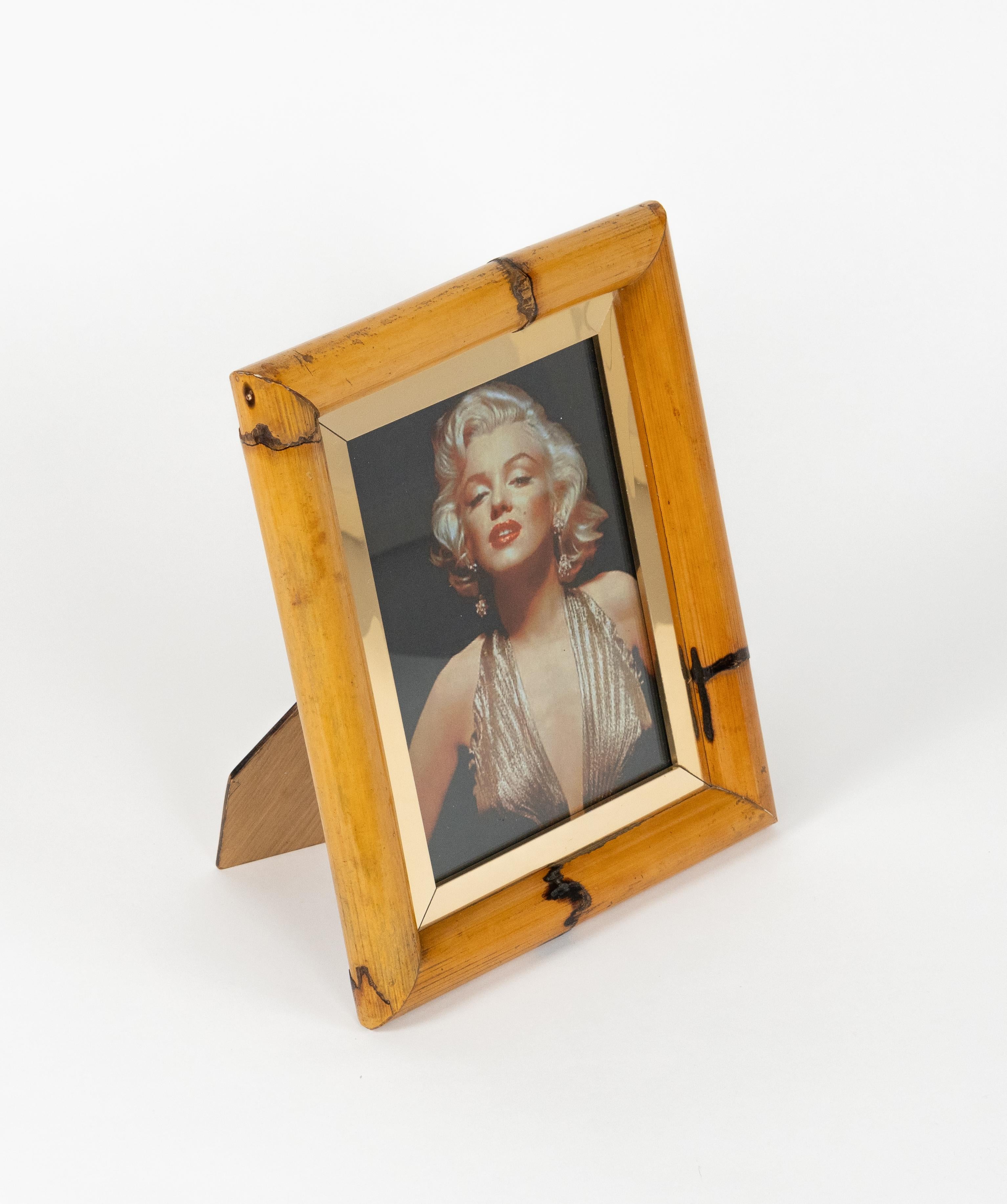 Italian Midcentury Rectangular Picture Frame Bamboo, Brass and Glass, Italy 1970s For Sale