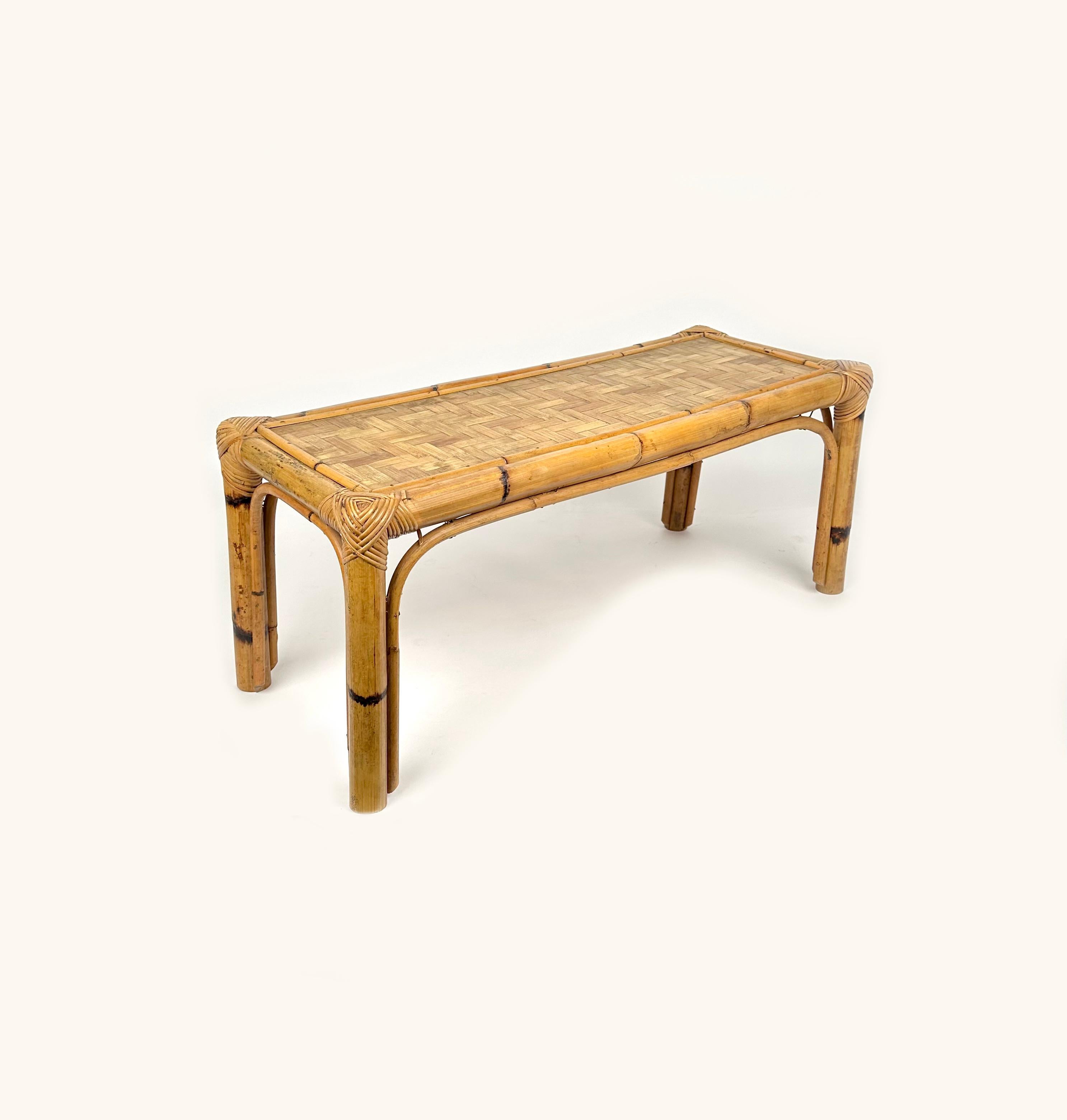 Italian Mid-Century Rectangular Rattan and Bamboo Coffee Side Table, Italy, 1960s For Sale