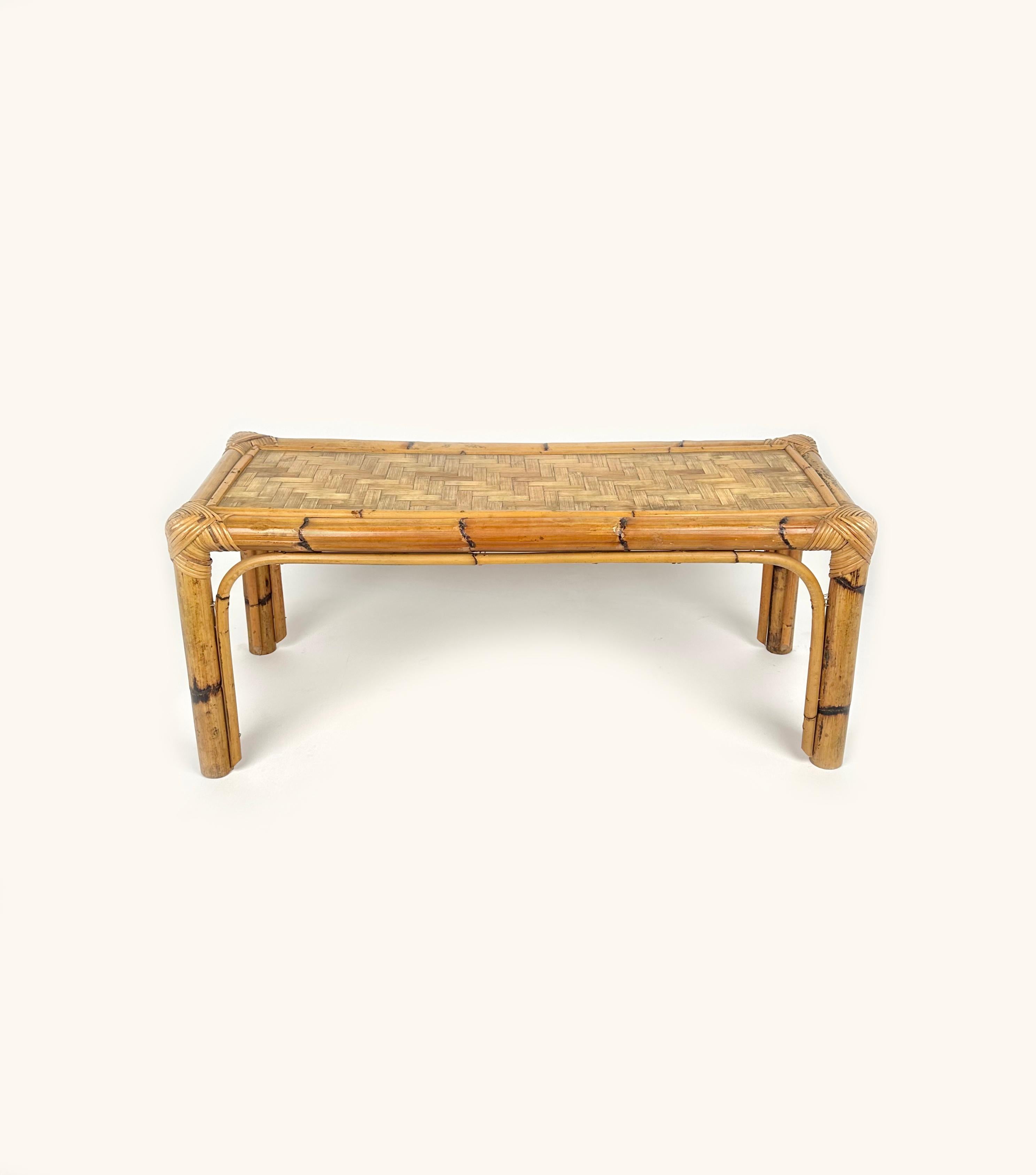 Mid-Century Rectangular Rattan and Bamboo Coffee Side Table, Italy, 1960s For Sale 2