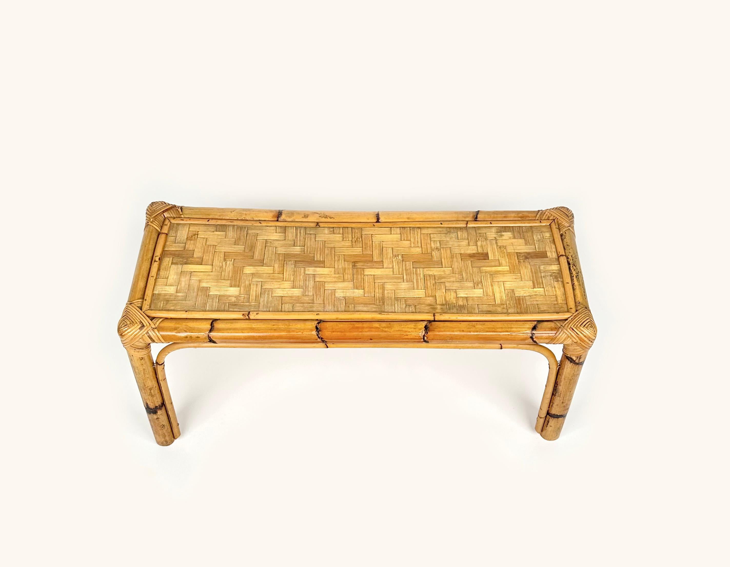 Mid-Century Rectangular Rattan and Bamboo Coffee Side Table, Italy, 1960s For Sale 3