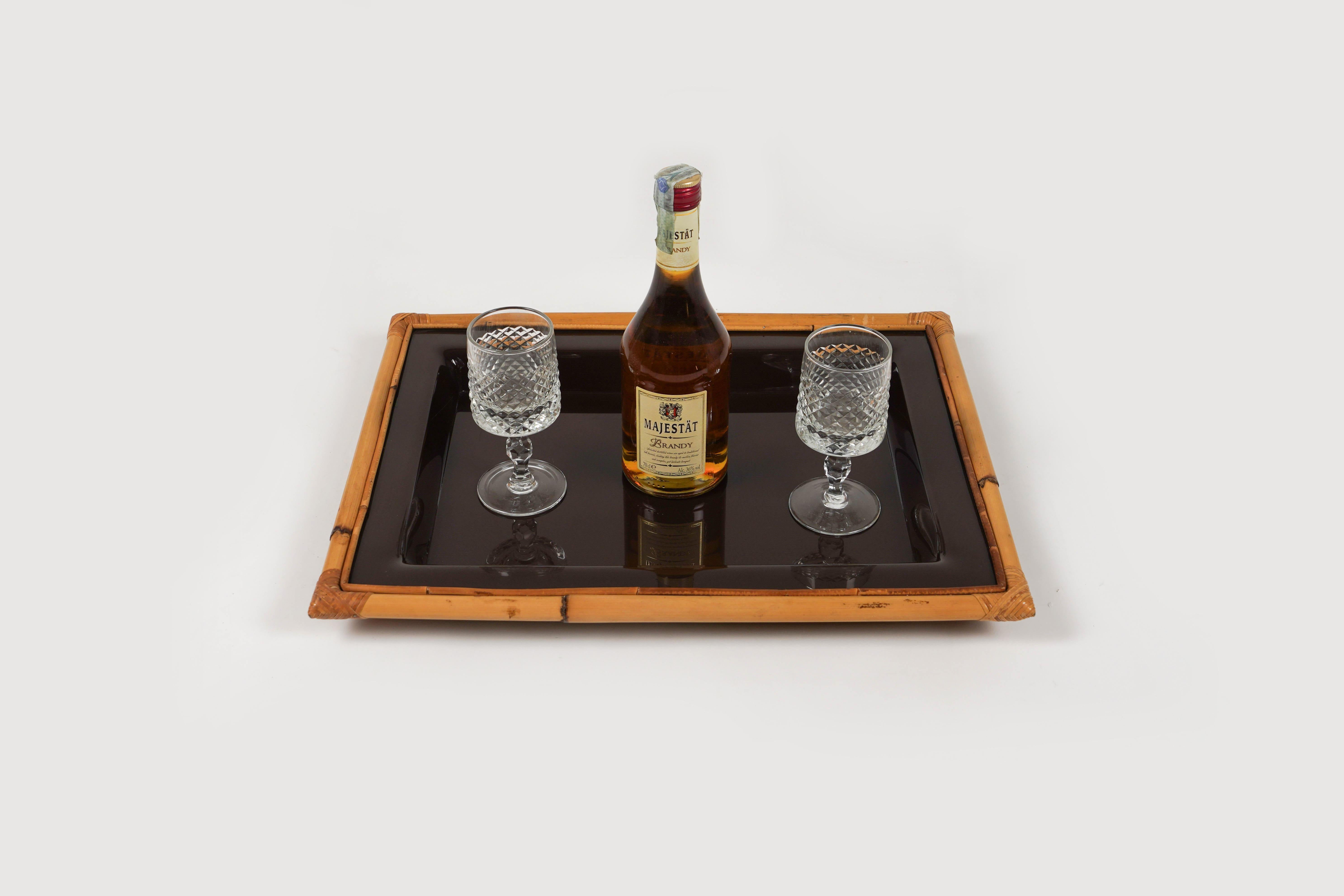 Midcentury Rectangular Serving Tray in bamboo, Rattan and Acrylic, Italy 1970s 5