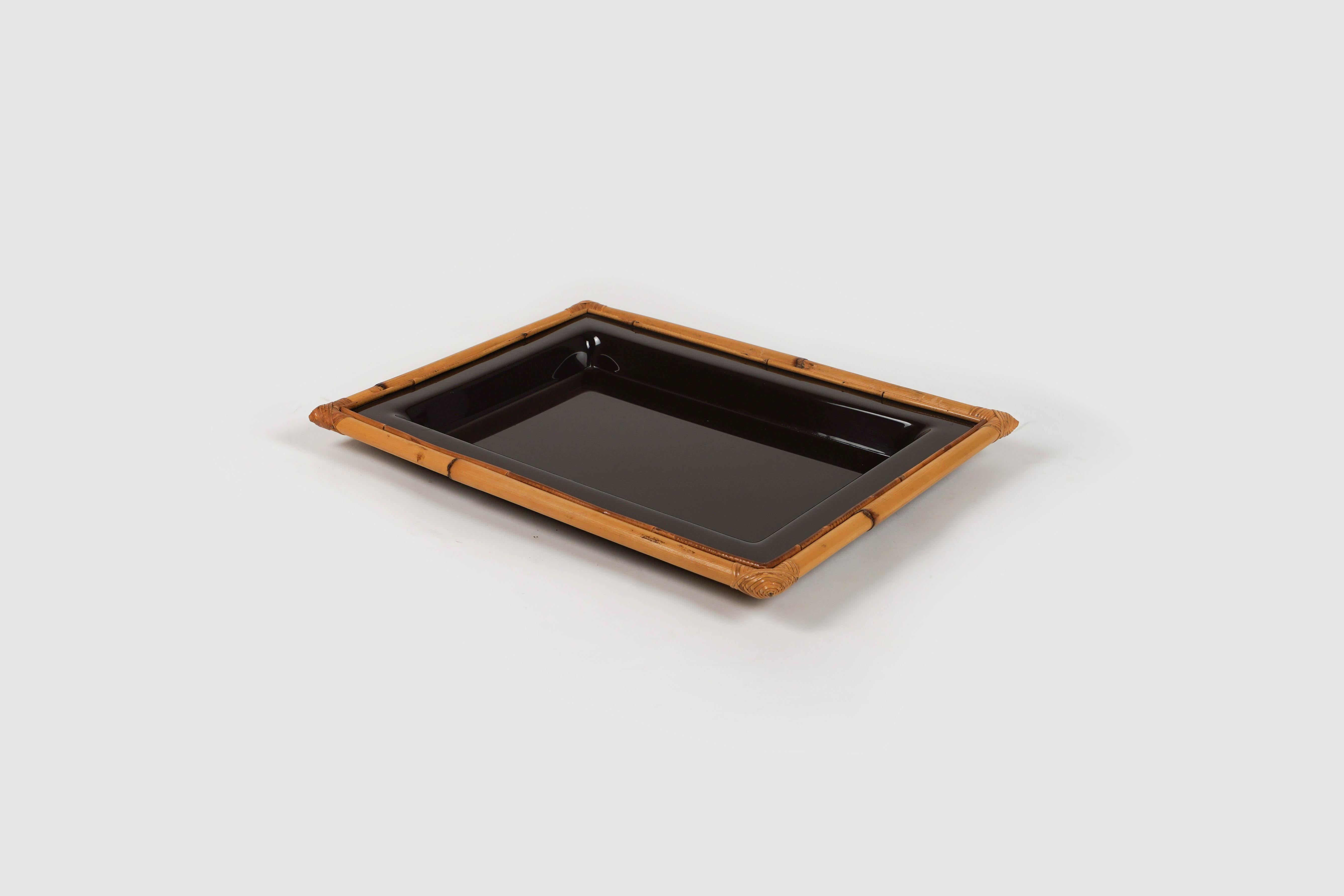 Bamboo Midcentury Rectangular Serving Tray in bamboo, Rattan and Acrylic, Italy 1970s