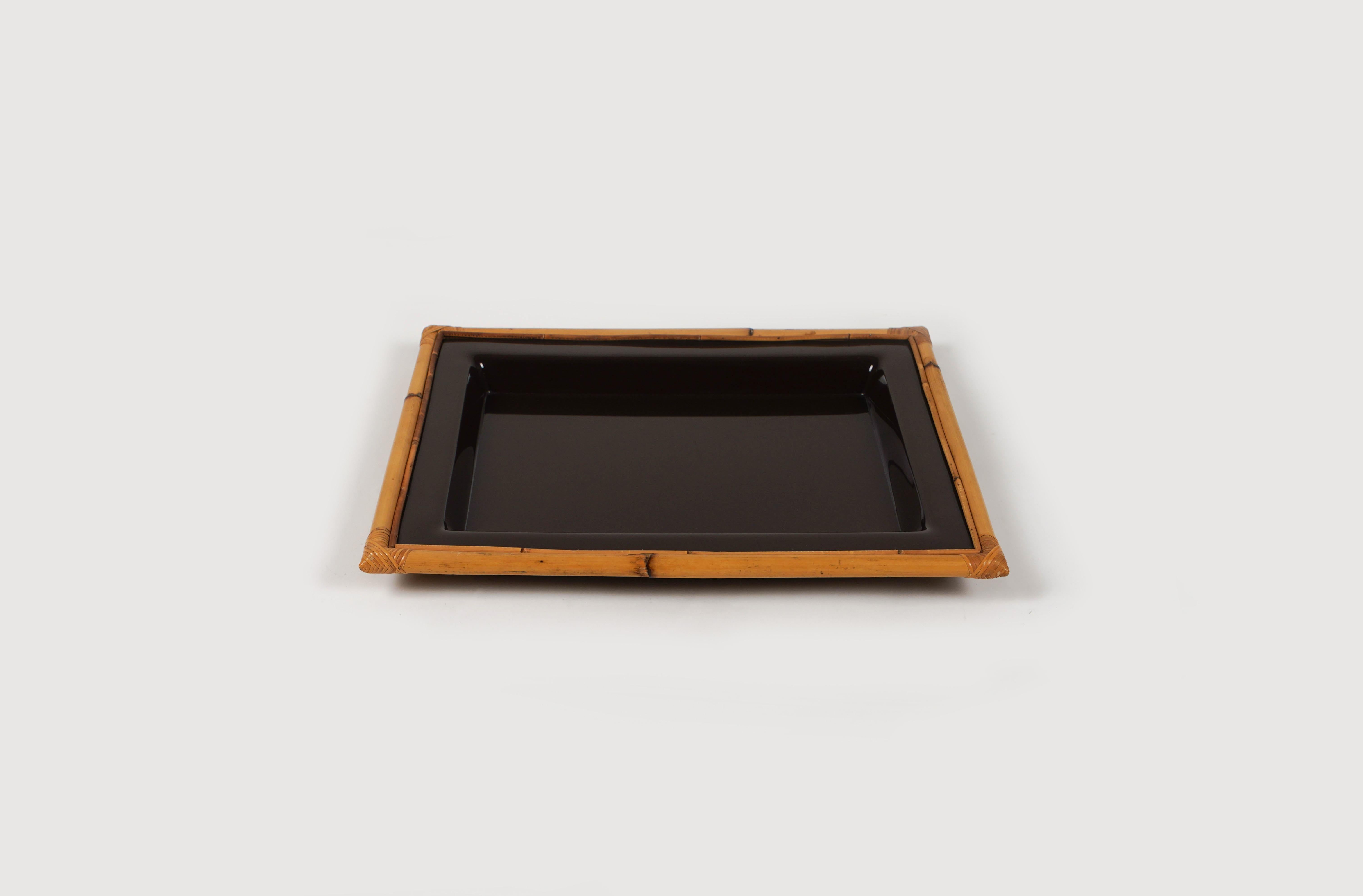 Midcentury Rectangular Serving Tray in bamboo, Rattan and Acrylic, Italy 1970s 3