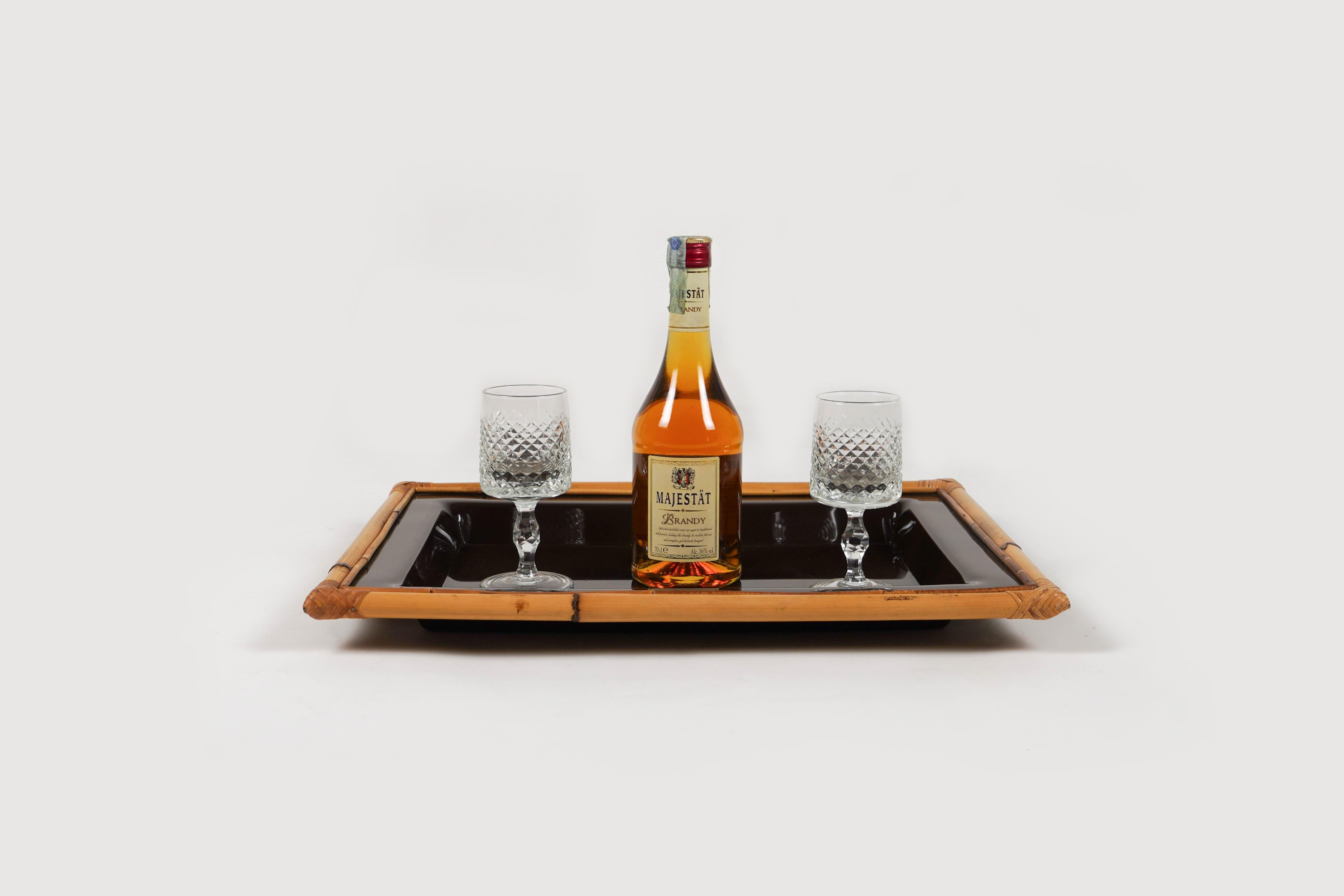 Midcentury Rectangular Serving Tray in bamboo, Rattan and Acrylic, Italy 1970s 4
