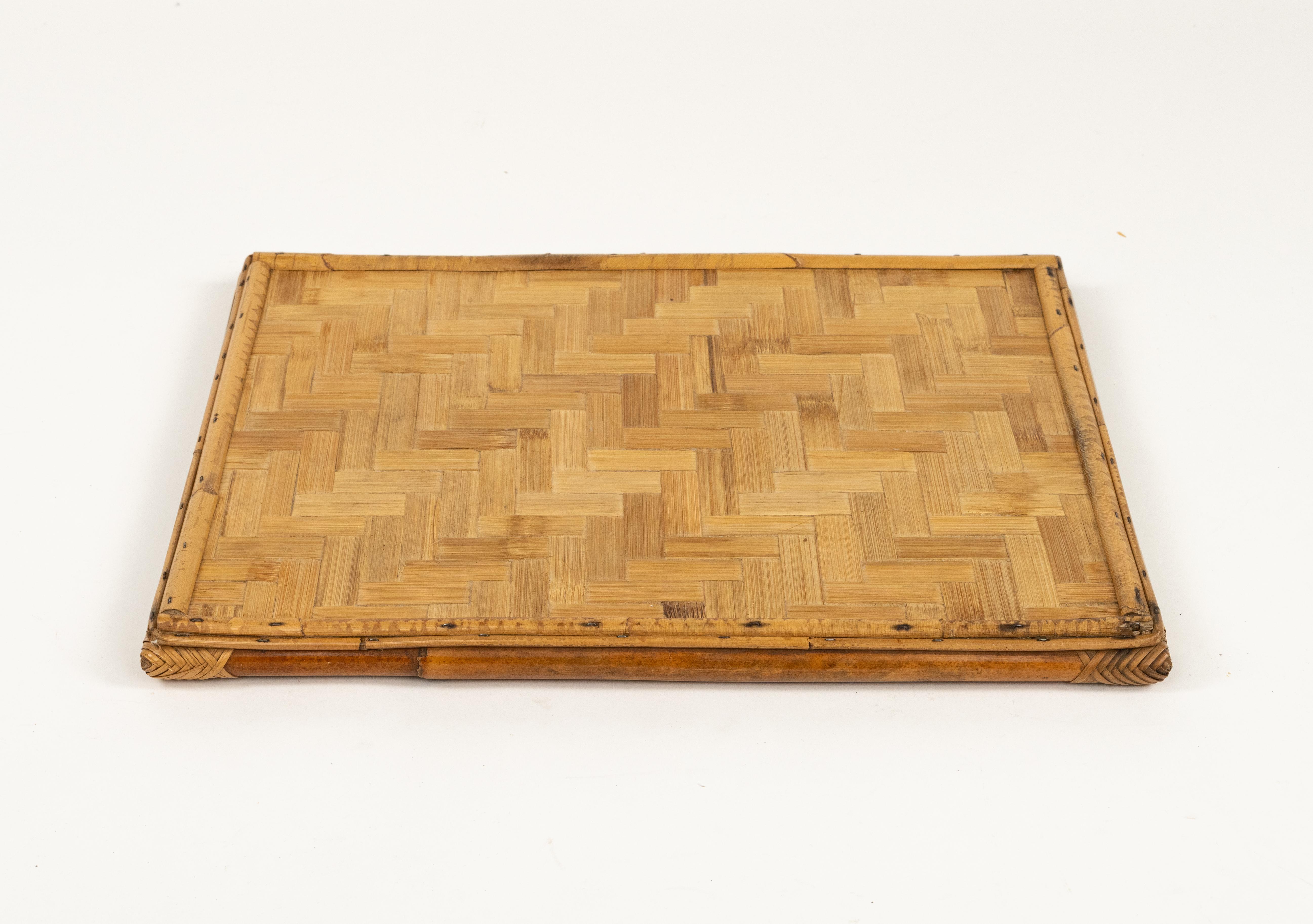 Rechteckiges Serviertablett aus Bambus, Rattan und Stahl aus der Mitte des Jahrhunderts, Italien 1970er Jahre im Angebot 8
