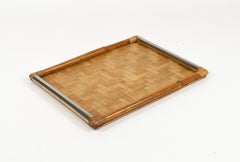 Plateau de service rectangulaire du milieu du siècle dernier en bambou, rotin et acier, Italie 1970