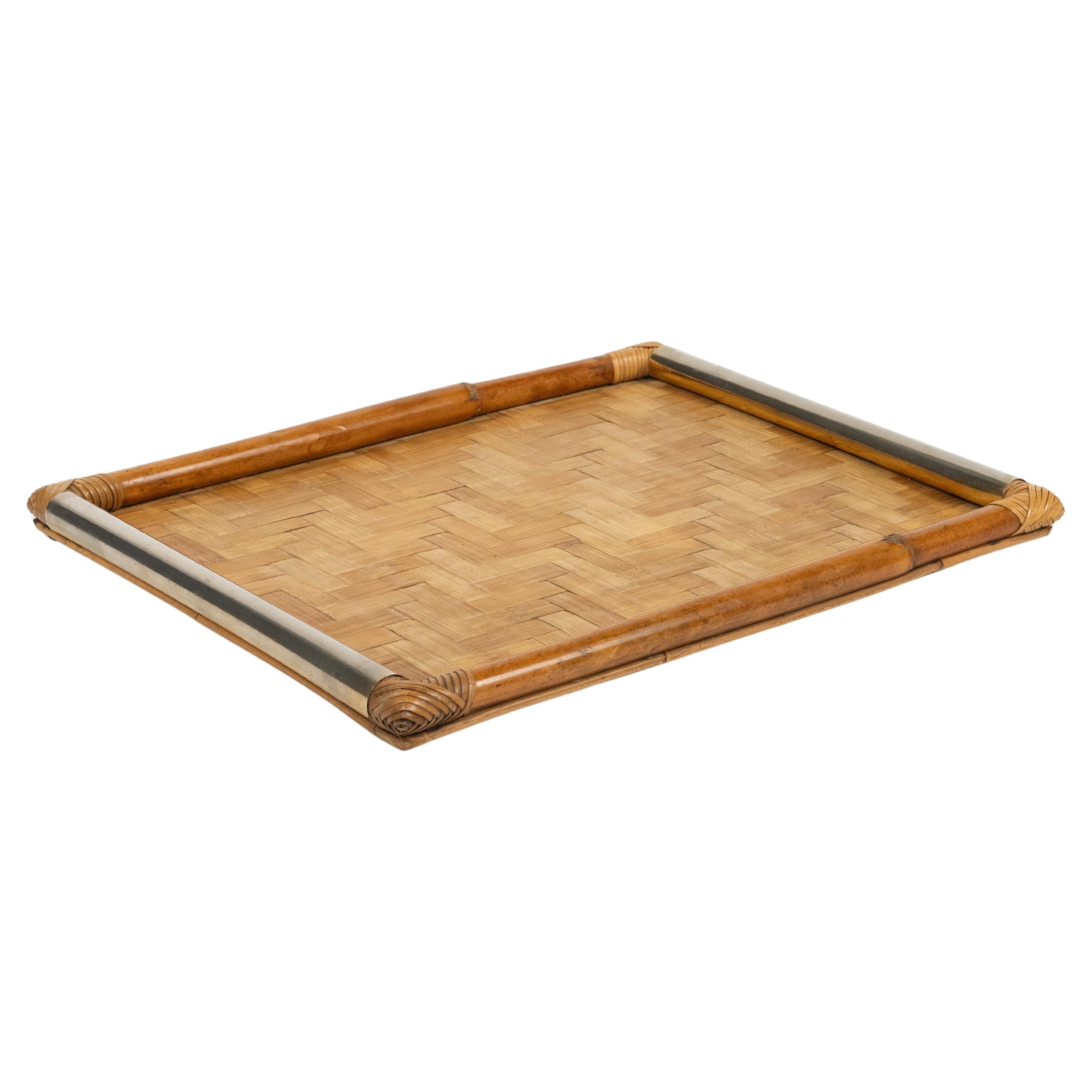 Midcentury Rectangular Serving Tray in Bamboo, Rattan and Steel, Italy 1970s