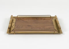 Midcentury Rectangular Serving Tray in Brass Faux Bamboo and Wood, Italy 1970s