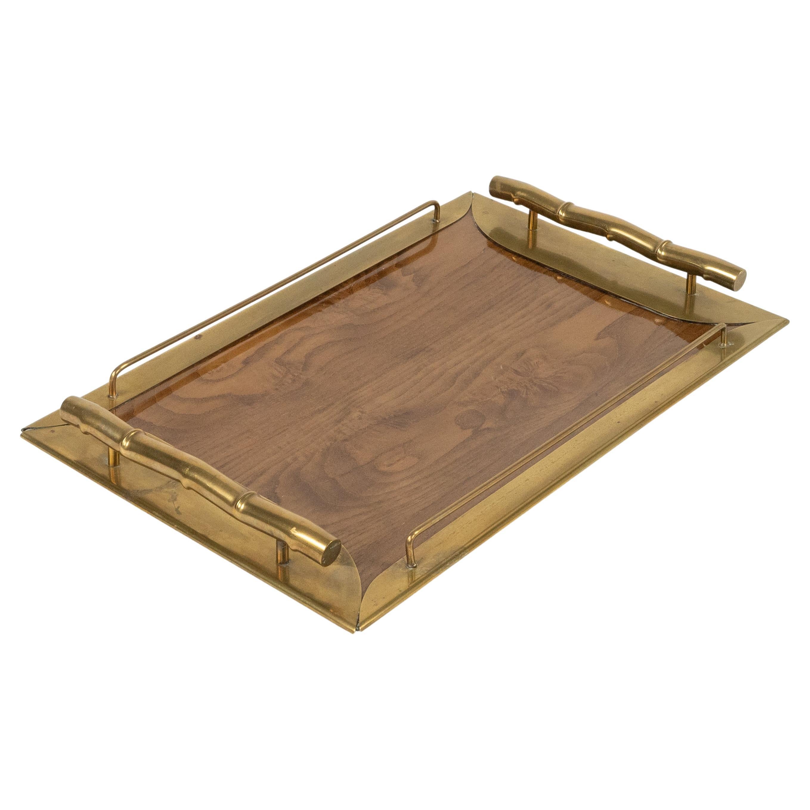 Midcentury Rectangular Serving Tray in Brass Faux Bamboo and Wood, Italy 1970s For Sale