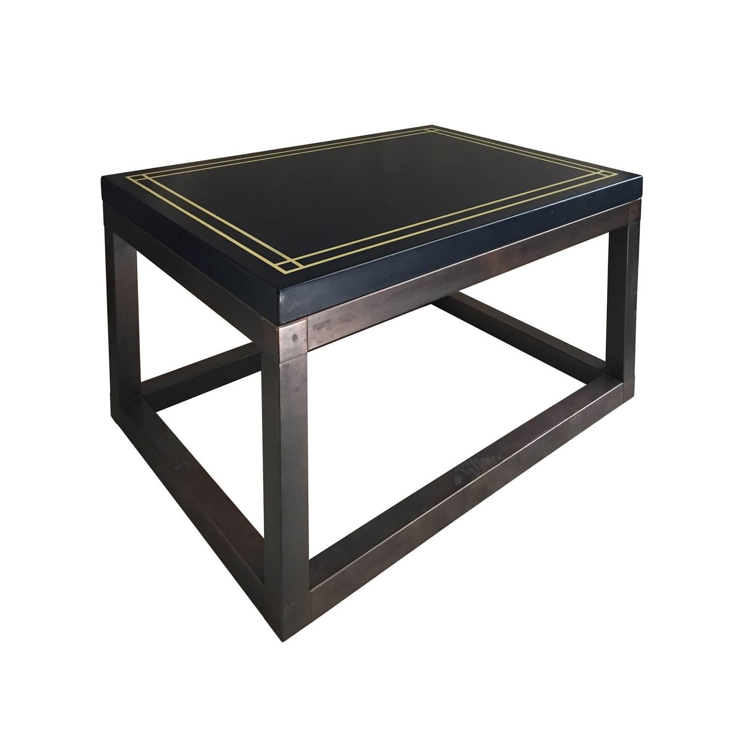 Midcentury Rectangular Side Table with Navy Lacquered Top and Bronze