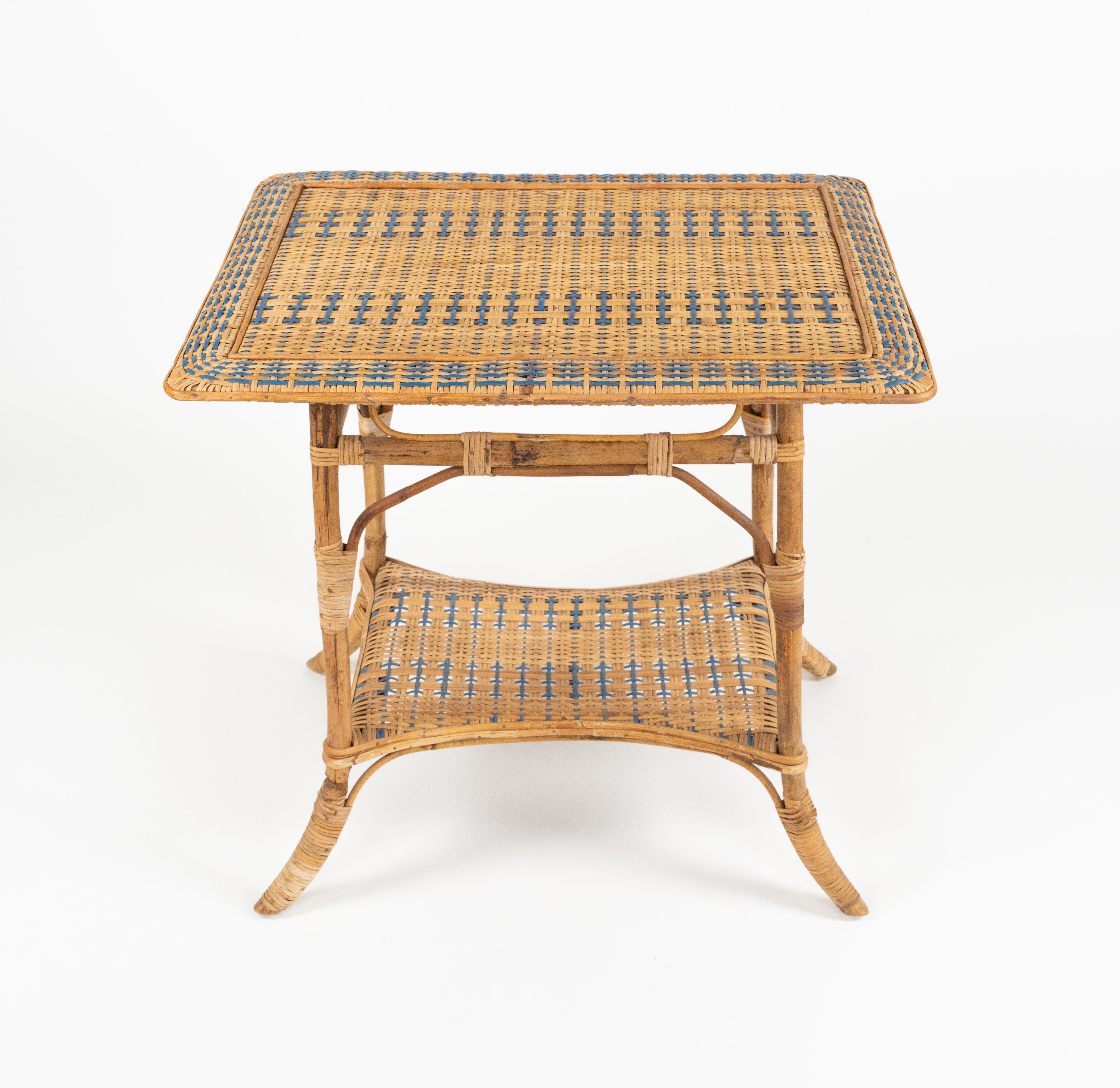 Midcentury Rectangular Side Table with Two Tier Rattan and Bamboo ...