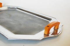 Midcentury Rectangular Stainless Steel Serving Tray Orange Bakelite Handles