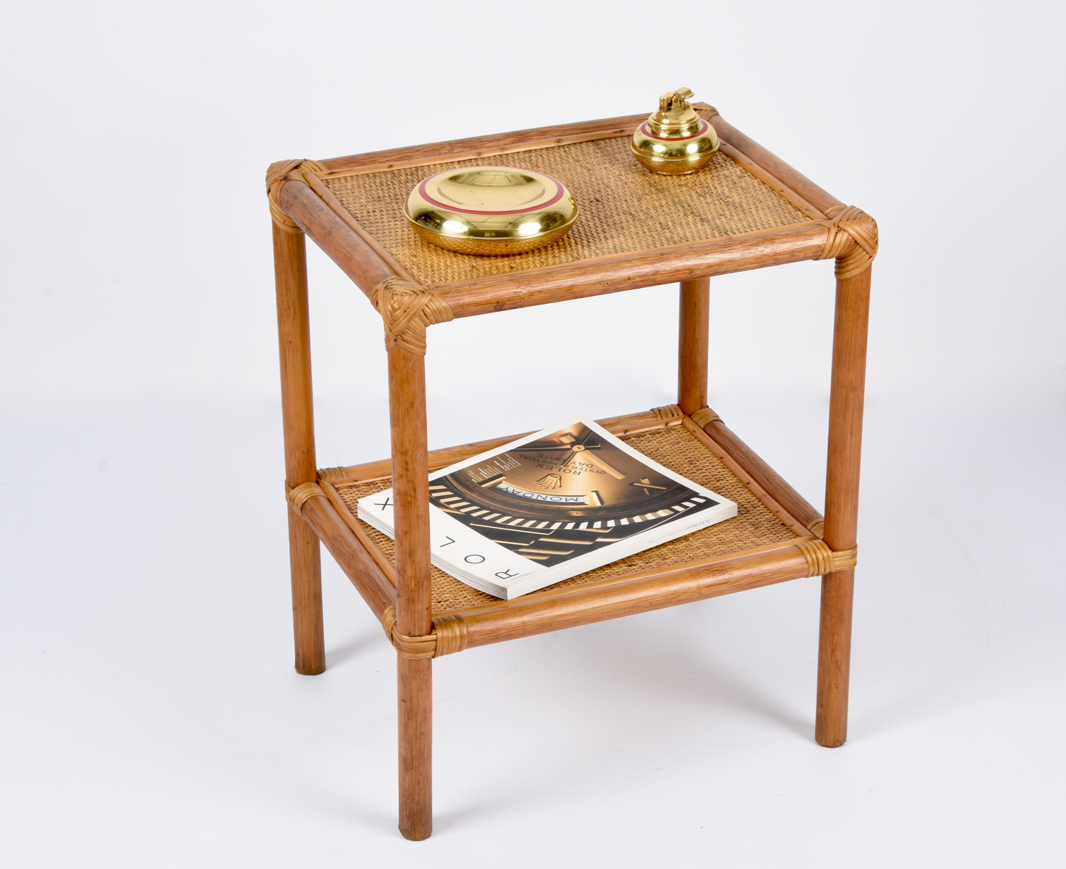 Mid-Century Rectangular Two-Tiers Bamboo and Rattan Italian Side Table, 1970s For Sale 5