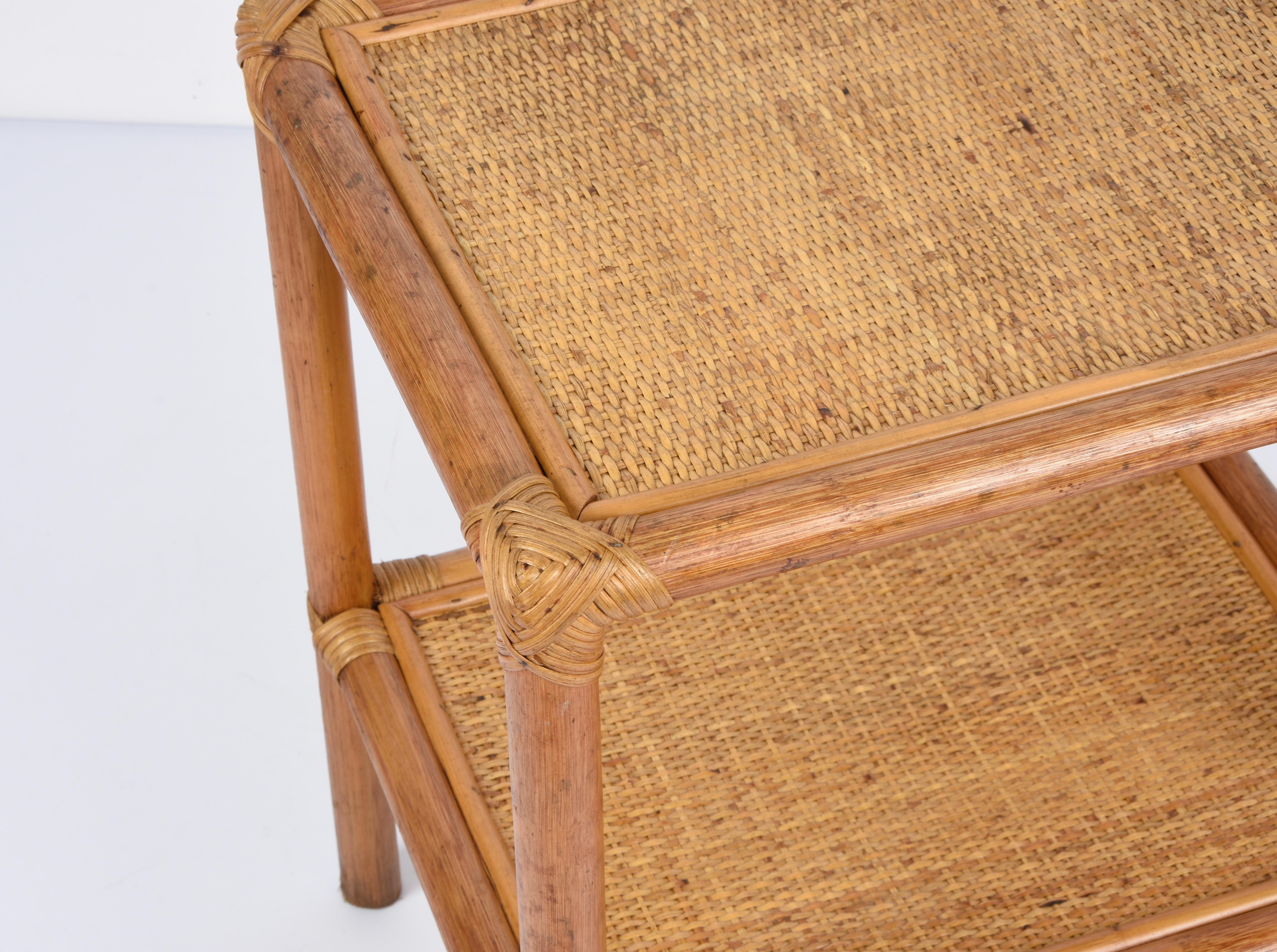 Mid-Century Rectangular Two-Tiers Bamboo and Rattan Italian Side Table, 1970s For Sale 12