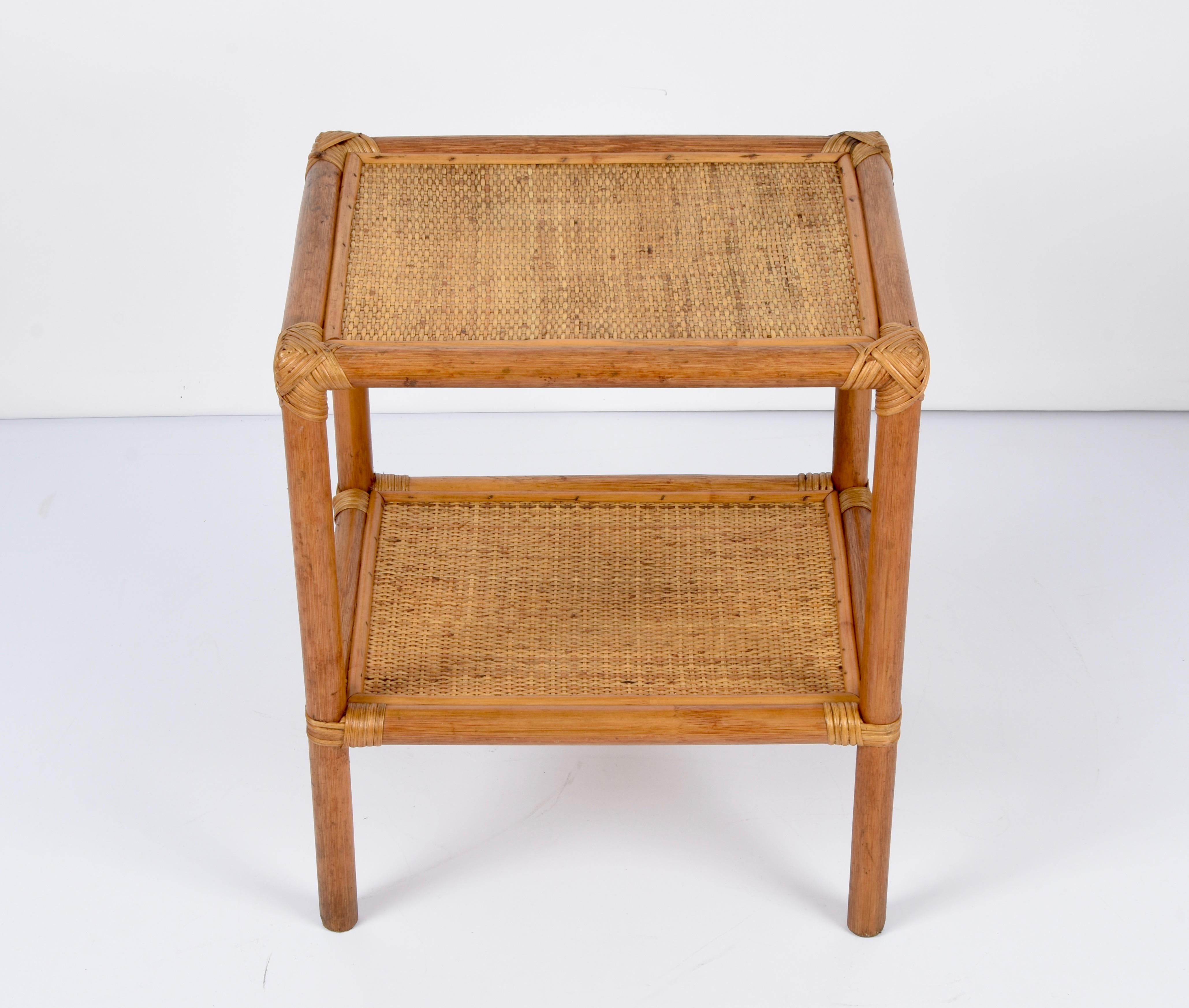 Mid-Century Modern Mid-Century Rectangular Two-Tiers Bamboo and Rattan Italian Side Table, 1970s For Sale