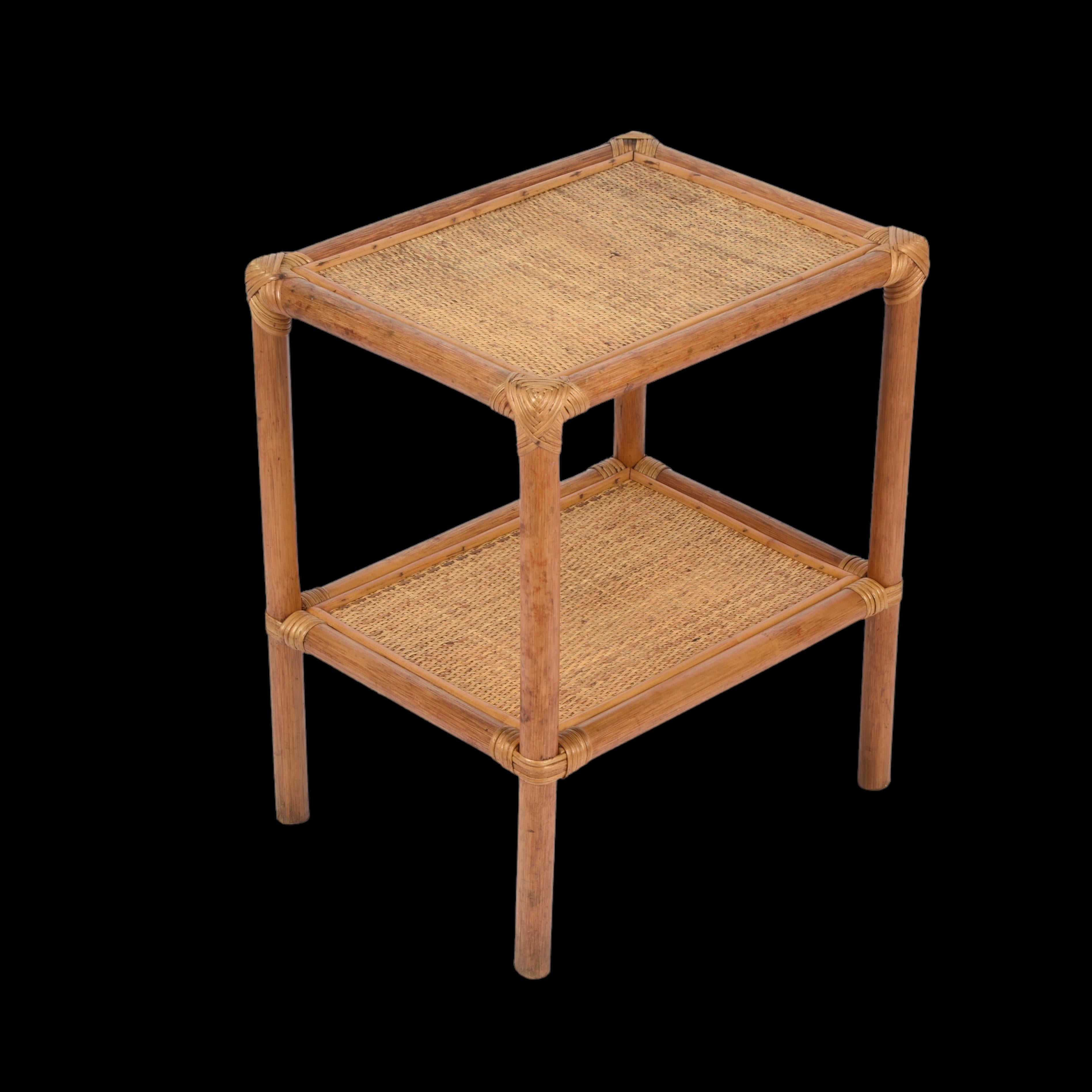 20th Century Mid-Century Rectangular Two-Tiers Bamboo and Rattan Italian Side Table, 1970s For Sale