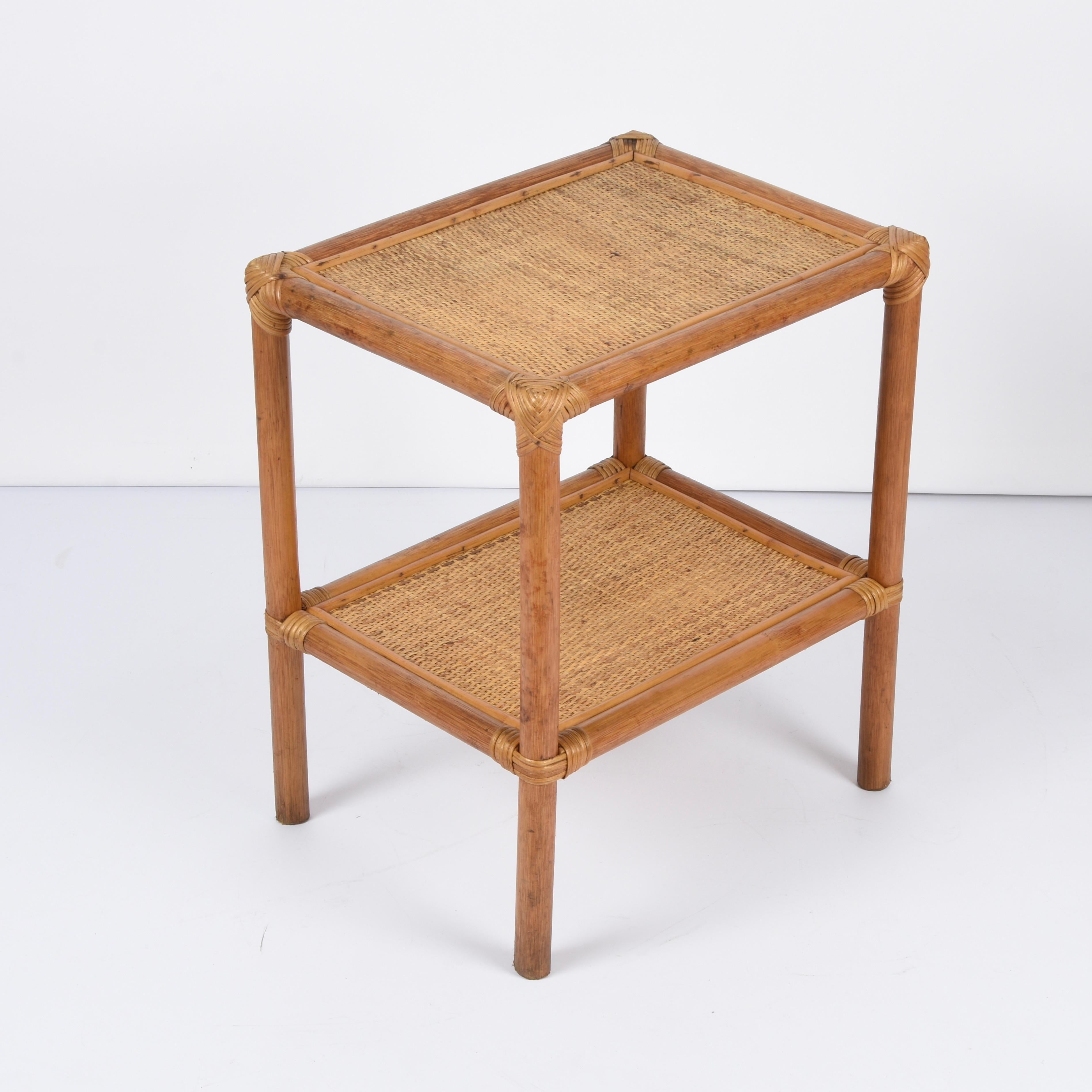 Mid-Century Rectangular Two-Tiers Bamboo and Rattan Italian Side Table, 1970s For Sale 1