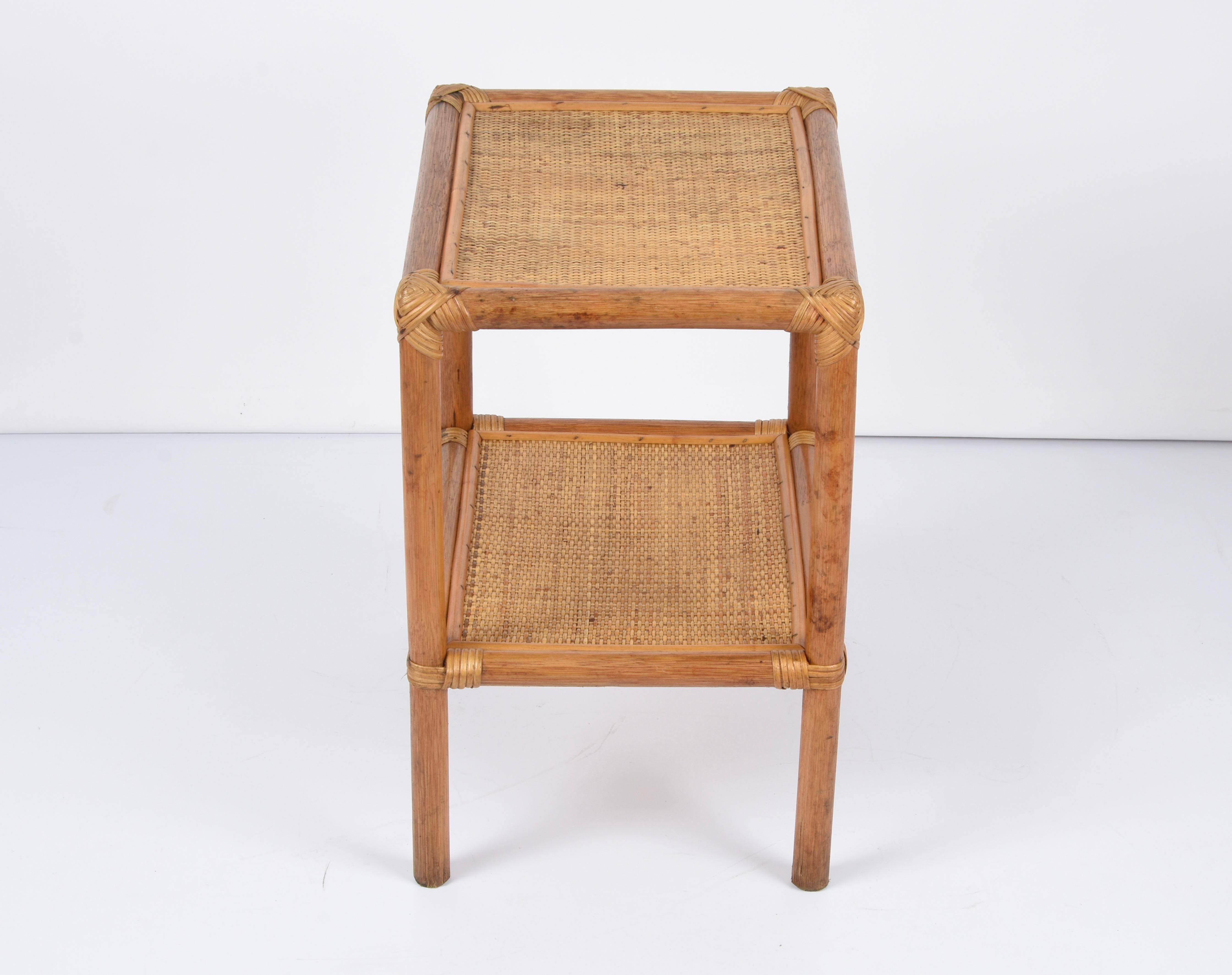 Mid-Century Rectangular Two-Tiers Bamboo and Rattan Italian Side Table, 1970s For Sale 2