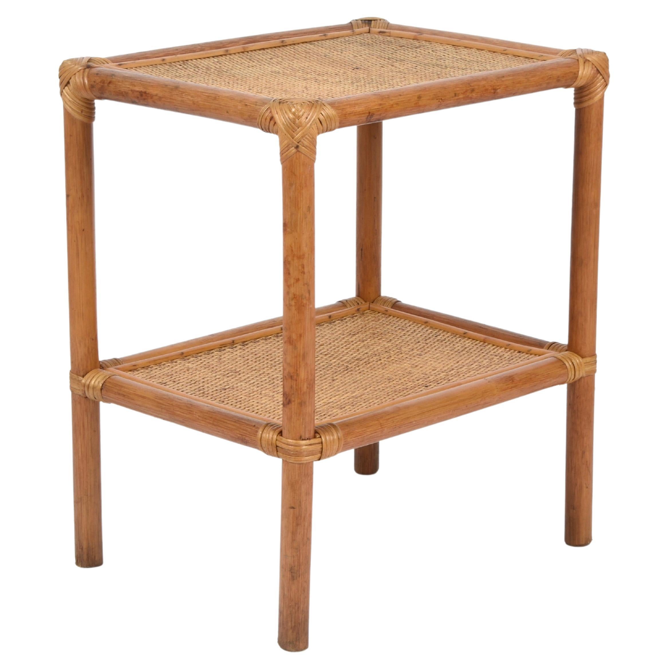 Mid-Century Rectangular Two-Tiers Bamboo and Rattan Italian Side Table, 1970s For Sale