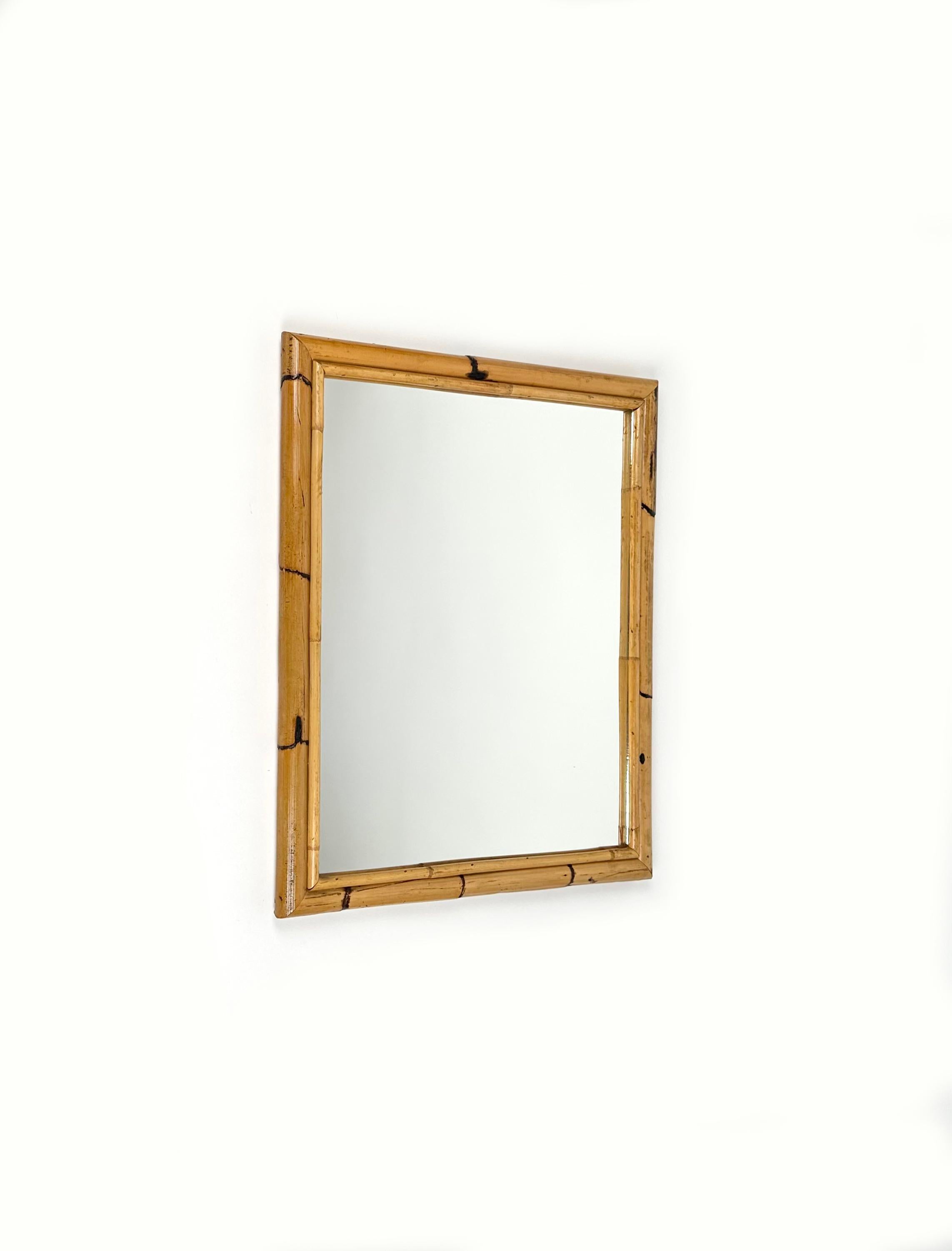 Italian Midcentury Rectangular Wall Mirror Double Bamboo Frame, Italy 1970s For Sale